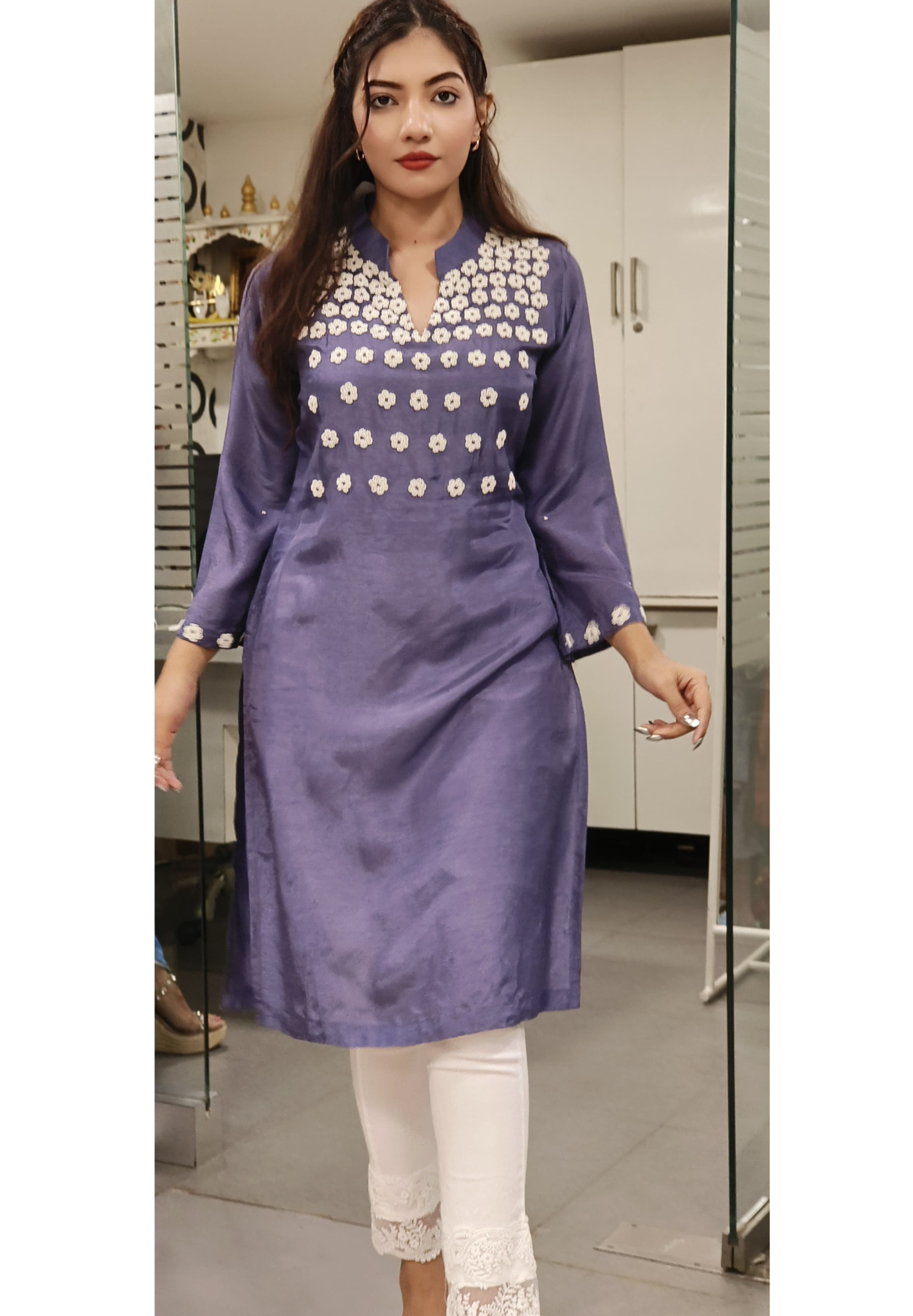 Dola Silk Pearl Hand Embroidered Manderian Collar Only Kurti- Dispatching after 15 Days