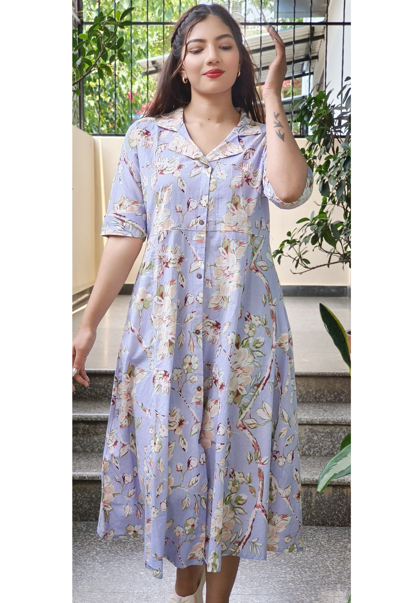 Collar style Floral Print Casual Frock With Pocket-9530,9531
