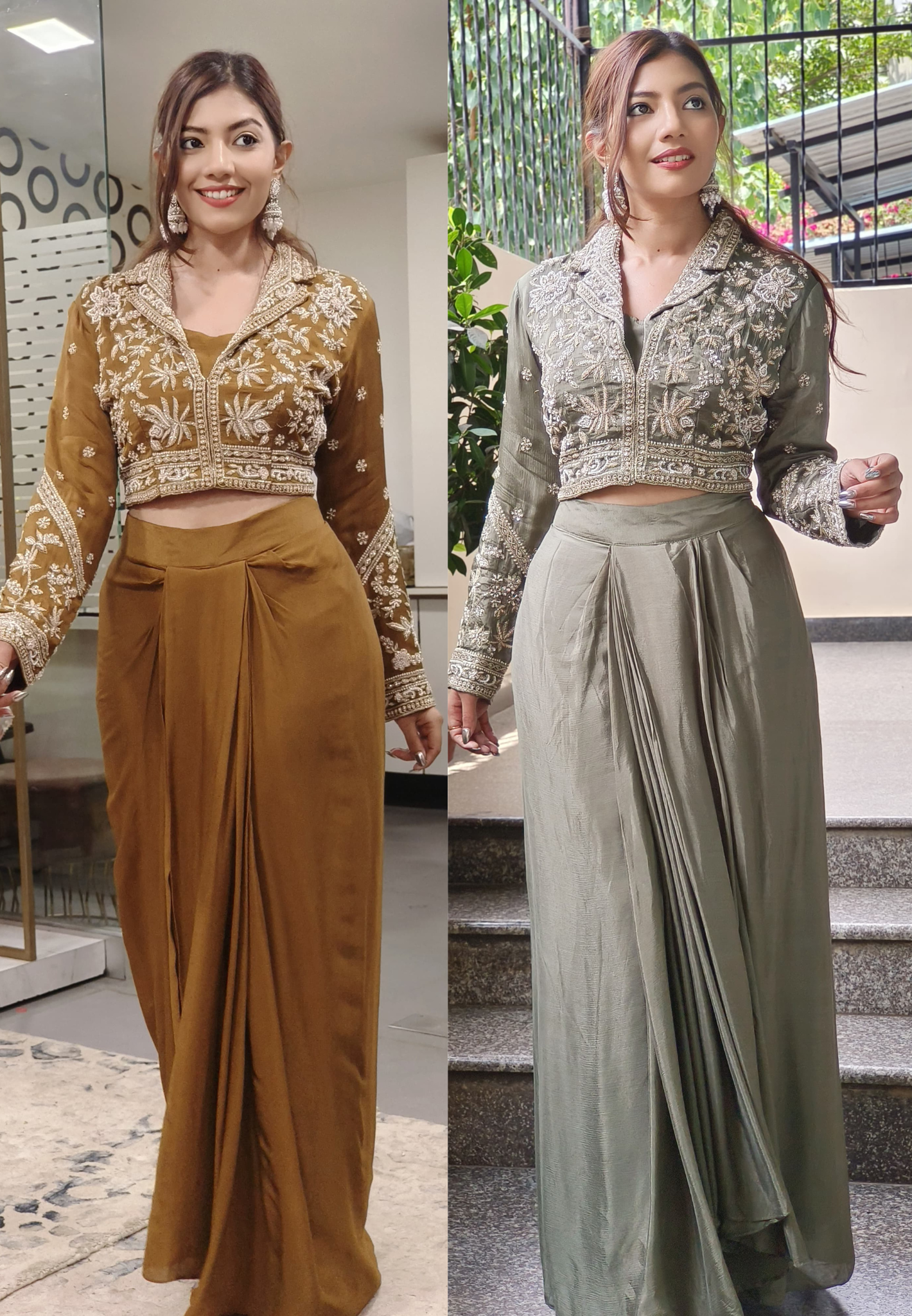 Heavy Pearl Cut Dana Embroidered Indo Western Wear Short Buster With Draped Skirt And Embroidered Jacket 09649,09650