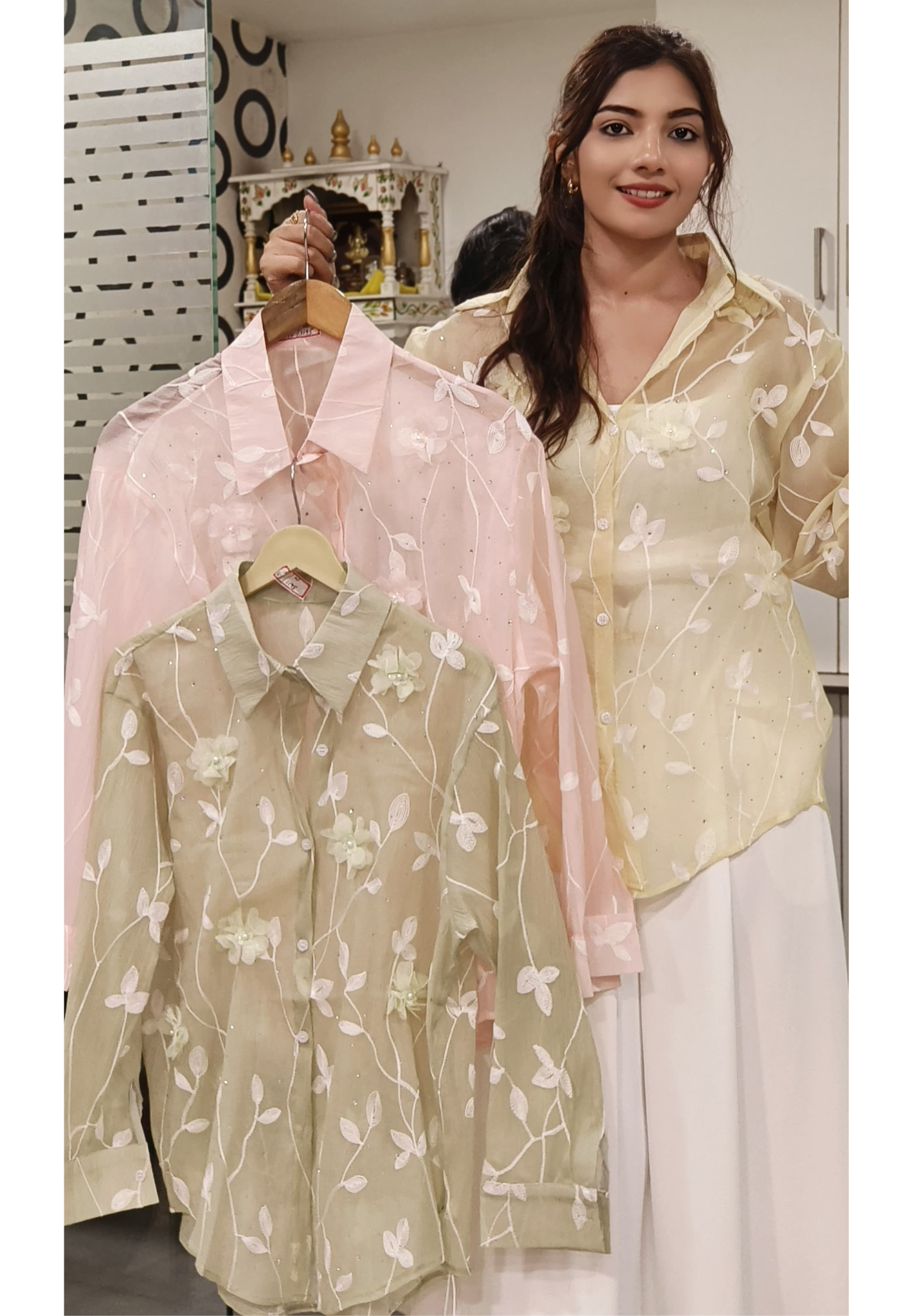 Shimmery Transparent Floral Full Length Collar Shirt