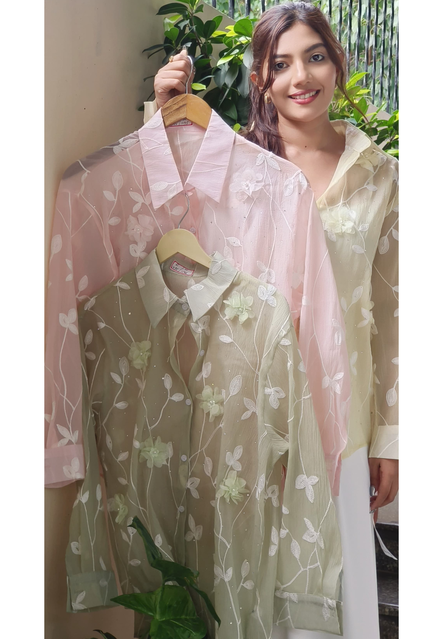 Shimmery Transparent Floral Full Length Collar Shirt