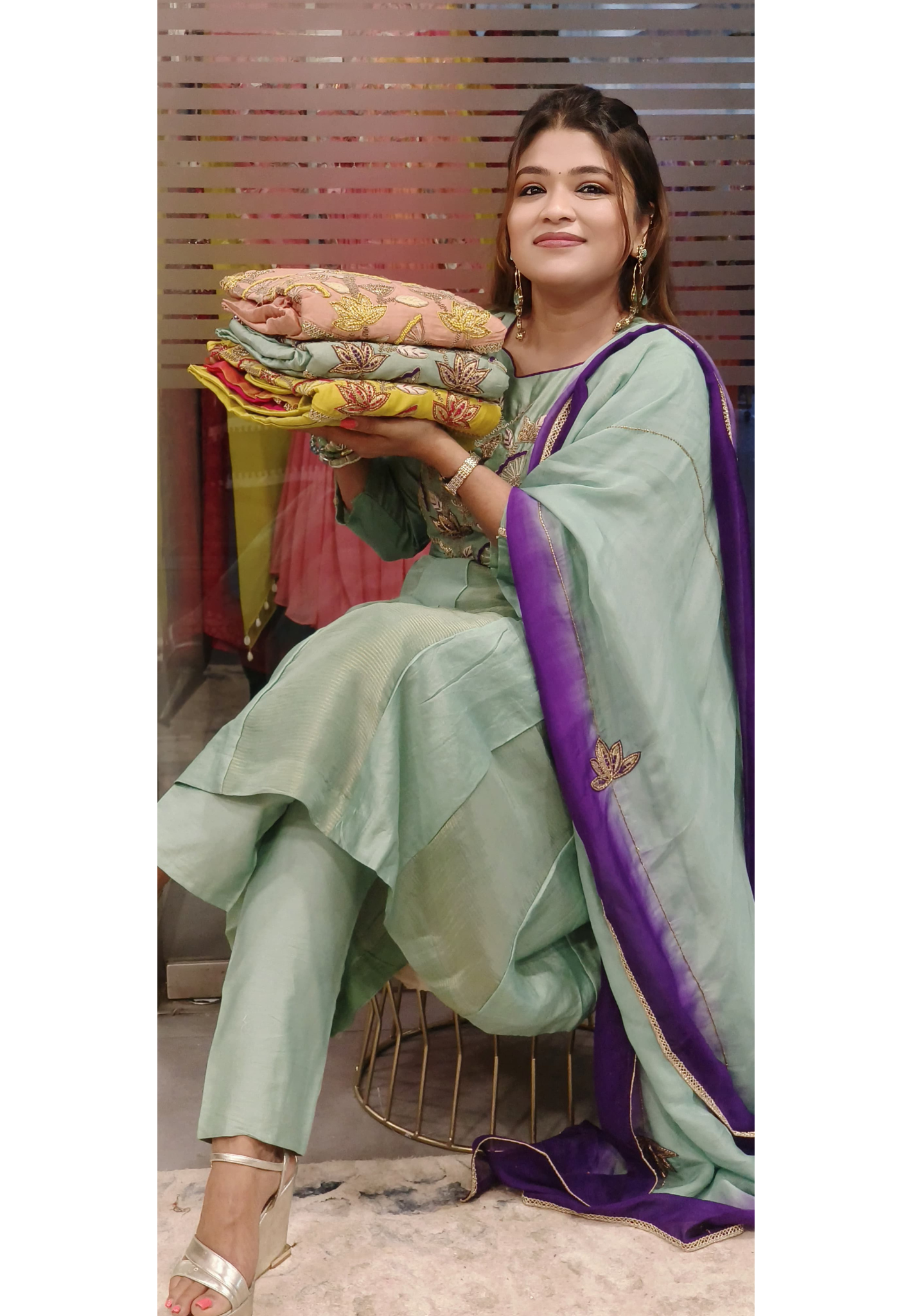 Pure Chanderi Zari Zardozi & Thread Embroidered Work Party Wear Aline Kurta with Pant and Organza Dupatta- 09636