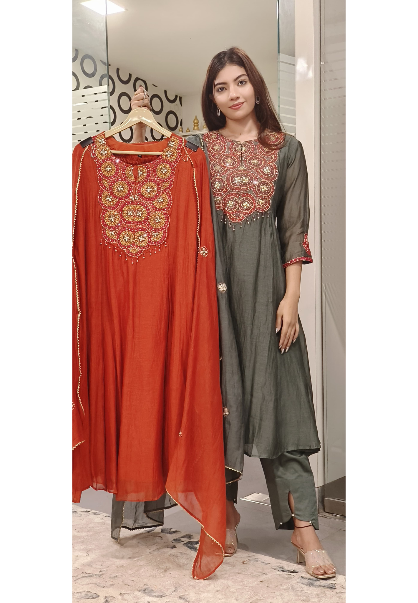 Mul Chanderi Multicolored Thread Embroidered Party Aline Kurta with Bottom and Dupatta 09631