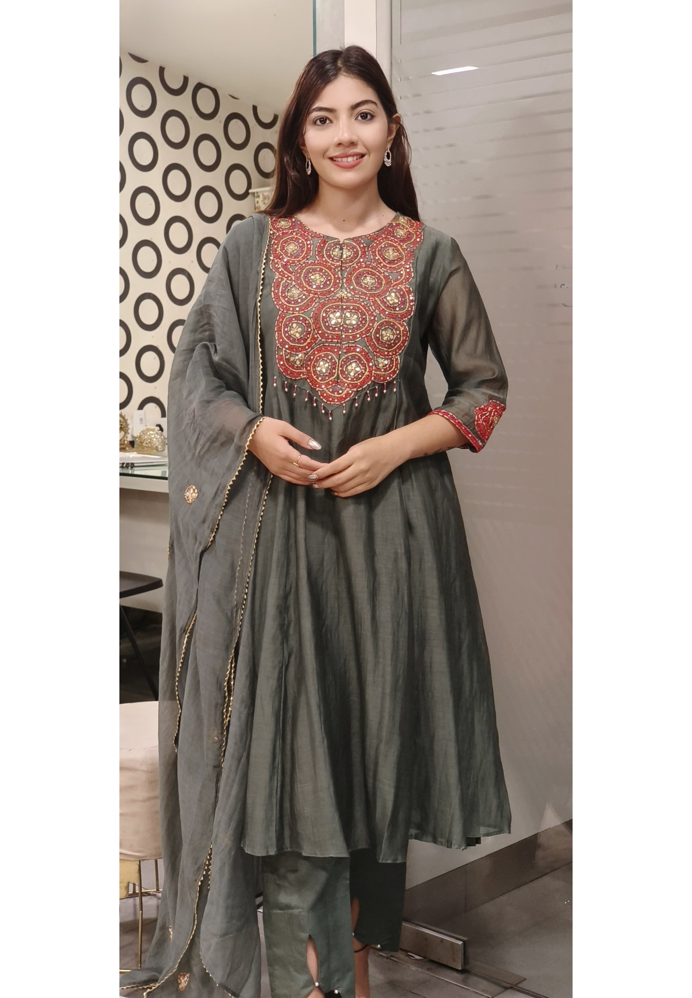 Mul Chanderi Multicolored Thread Embroidered Party Aline Kurta with Bottom and Dupatta 09631