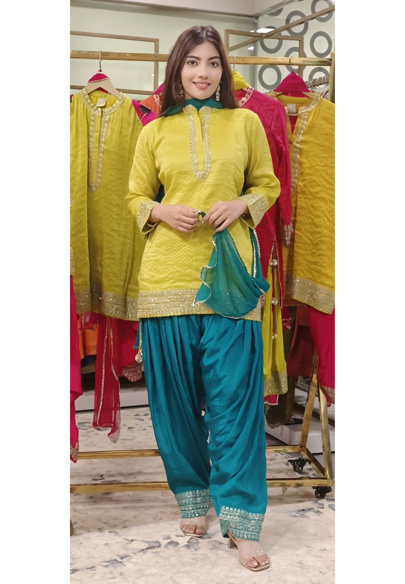 Zari Embroidered Silk Short Kurta With Farsi Salwar And Chiffon Dupatta- 09662