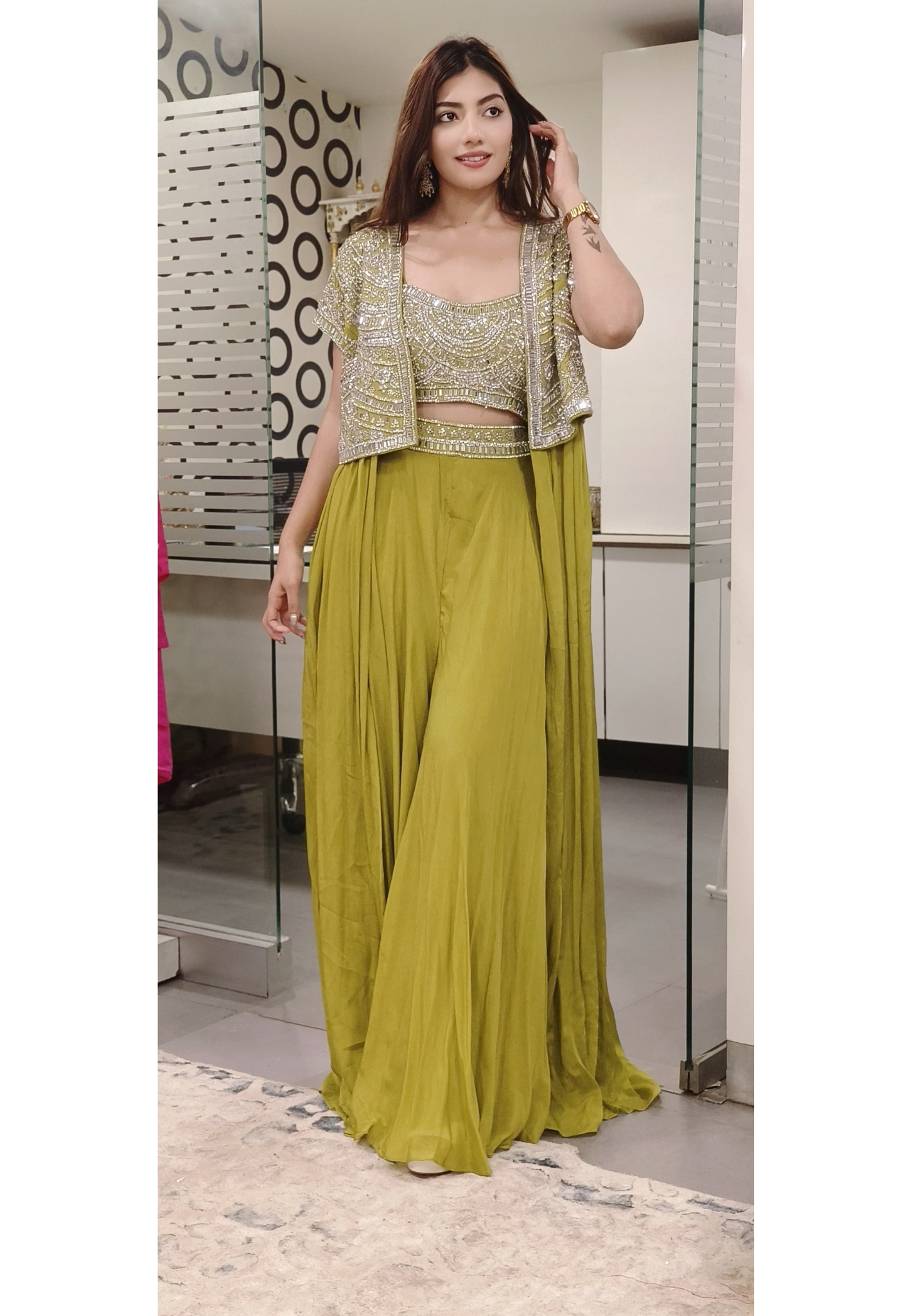 Crystal & Stone Heavy Work Buster With Skirt Look Palazzo With Jacket Designer Indo Western- 09899-On Orders