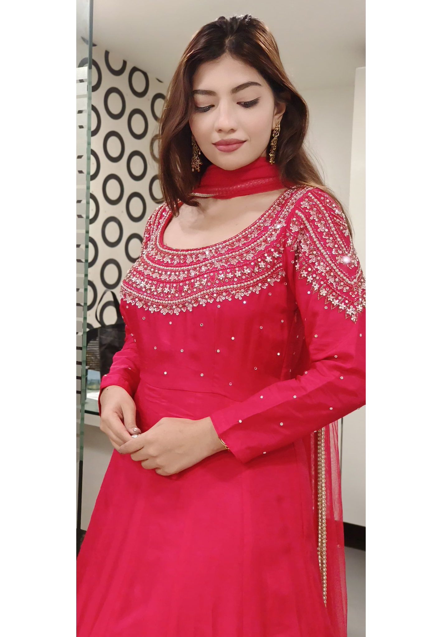 Beautiful Yoke Beads & Crystal Handwork Heavy Cane Cane Gown In Silk Fabric With Netted Dupatta- 09903 DRYWASH On Orders