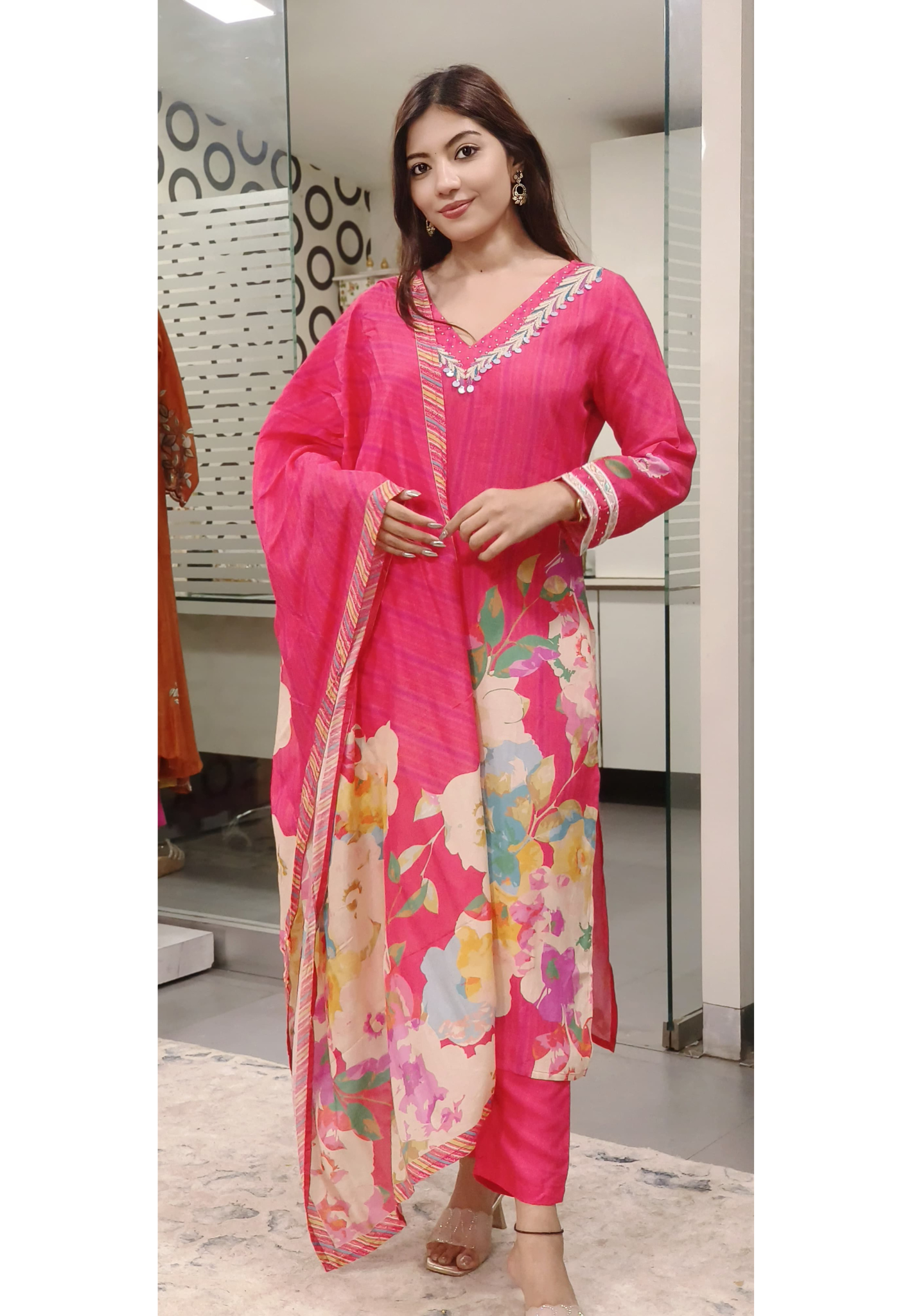 Beautiful Thread & Foil Mirror Work V-Neck Floral Kurta Pant Full Set With Dupatta