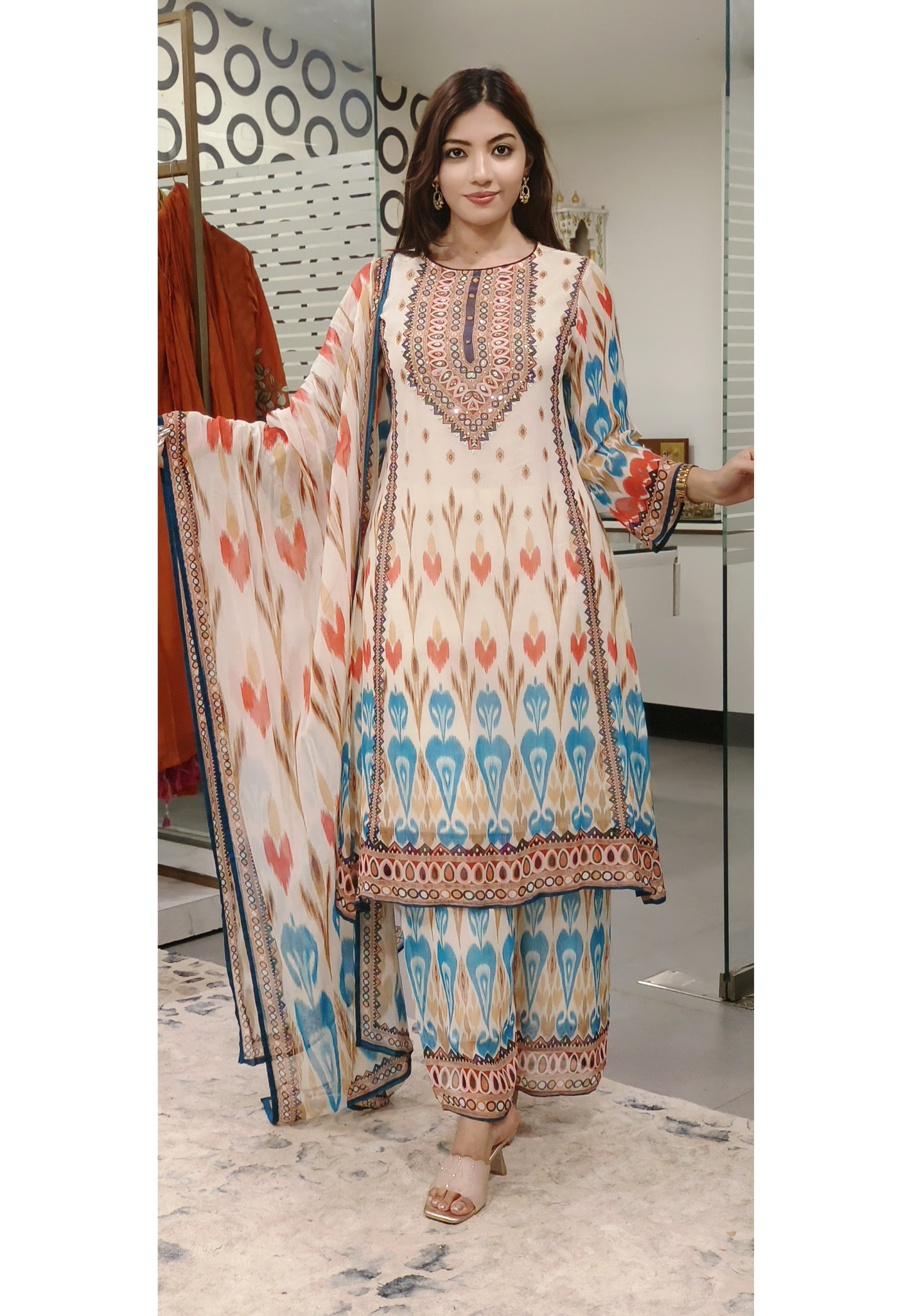 Beautiful Printed Georgette Kurta With Loose Bottom And Dupatta-09795