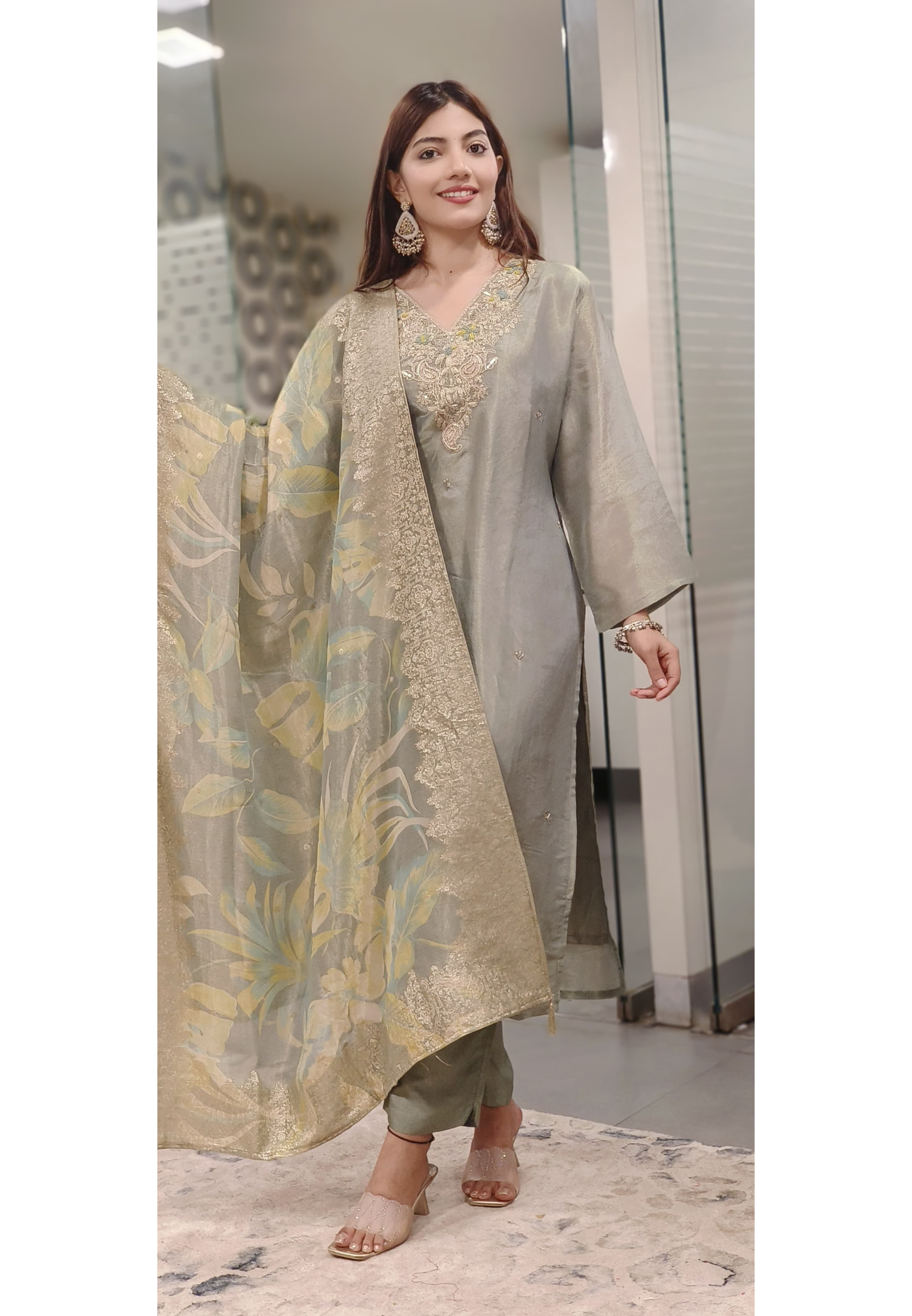 Tissue Silk V-Neck Zardosi Embroidery Full Set-07979