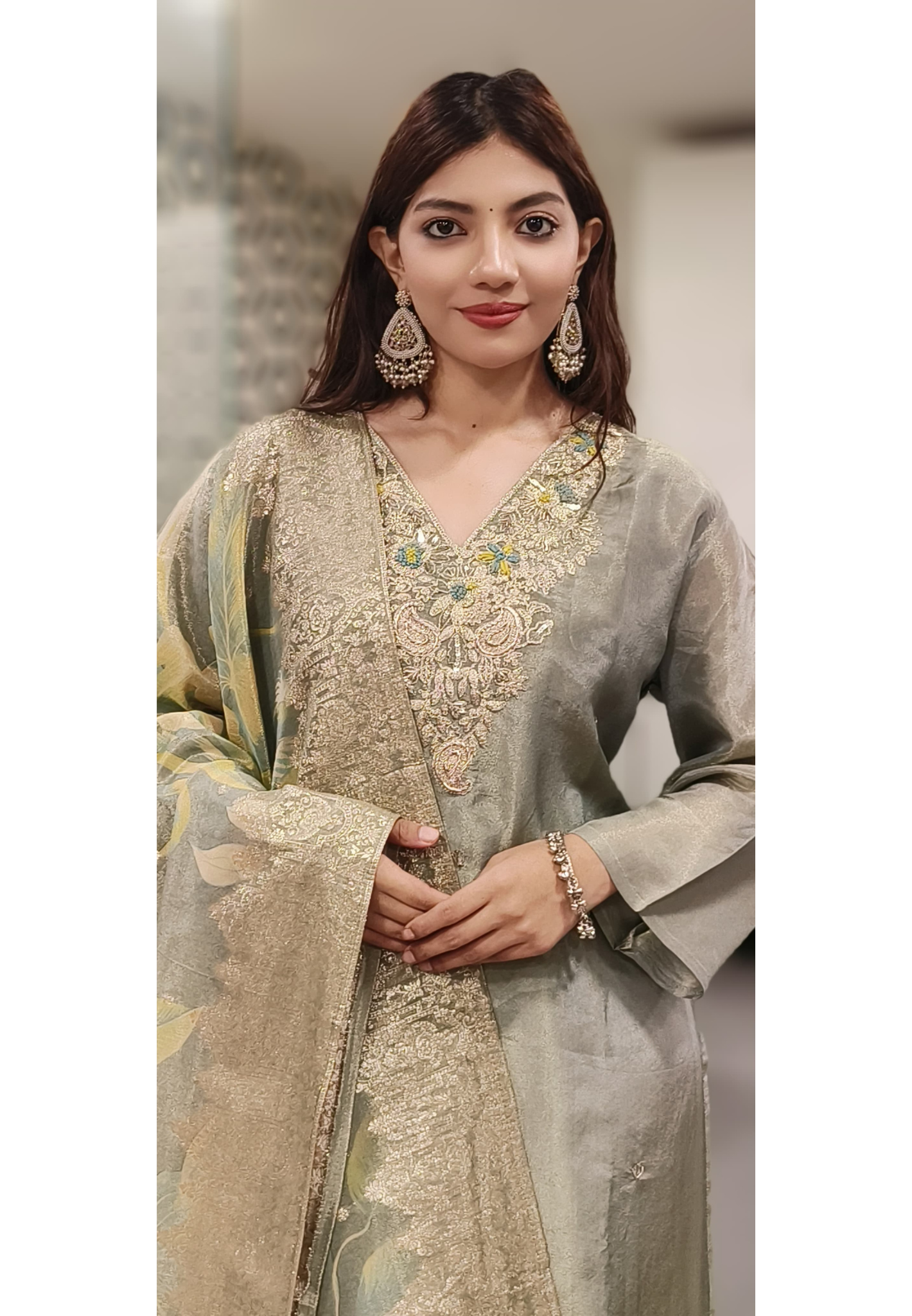 Tissue Silk V-Neck Zardosi Embroidery Full Set-07979