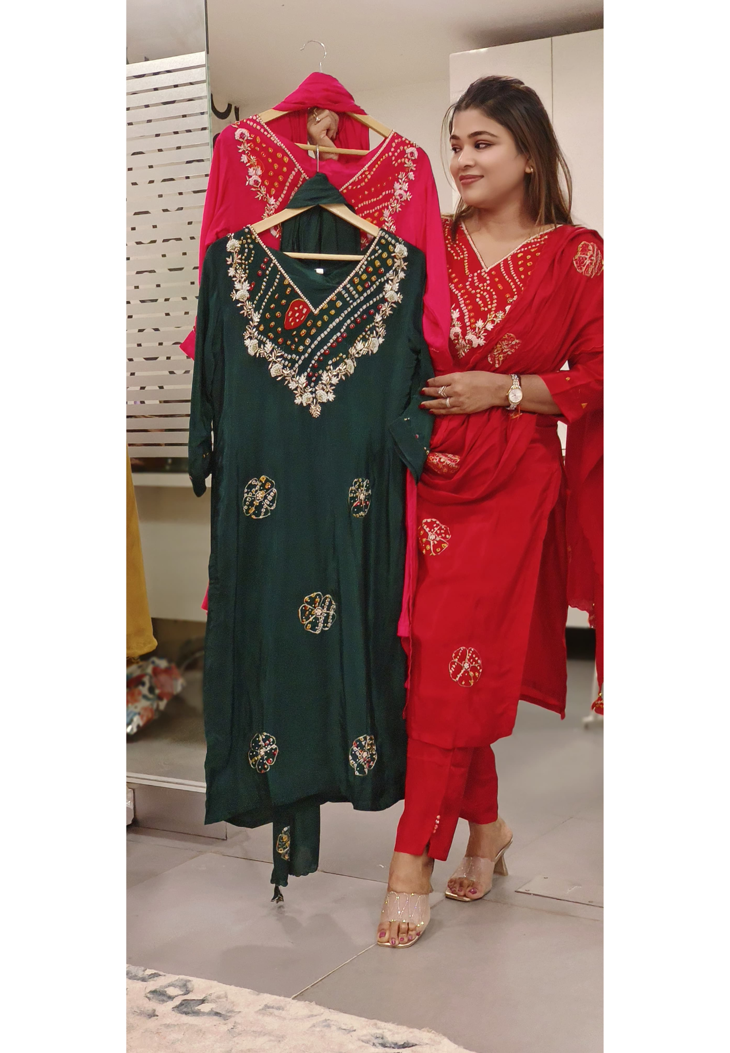 Pearl & Beads Bandhani Work V-Neck Kurta(Lining Inside) With Bottom & Dupatta In Crepe Fabric- 10043 (Red Colour Dispatching Will Be after 25 Days)