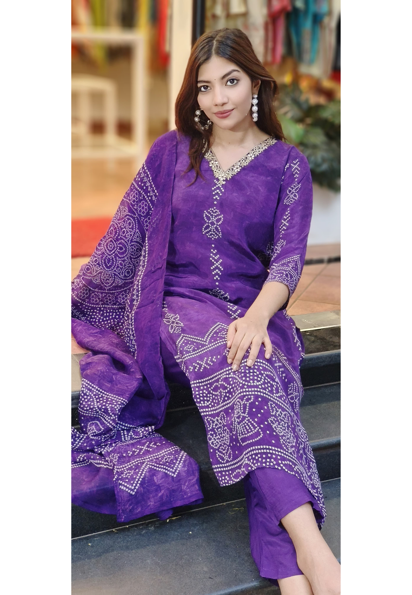 V-Neck Handwork Bandhani Print Full Suit Set With Dupatta In Crepe Fabric-10162,10377