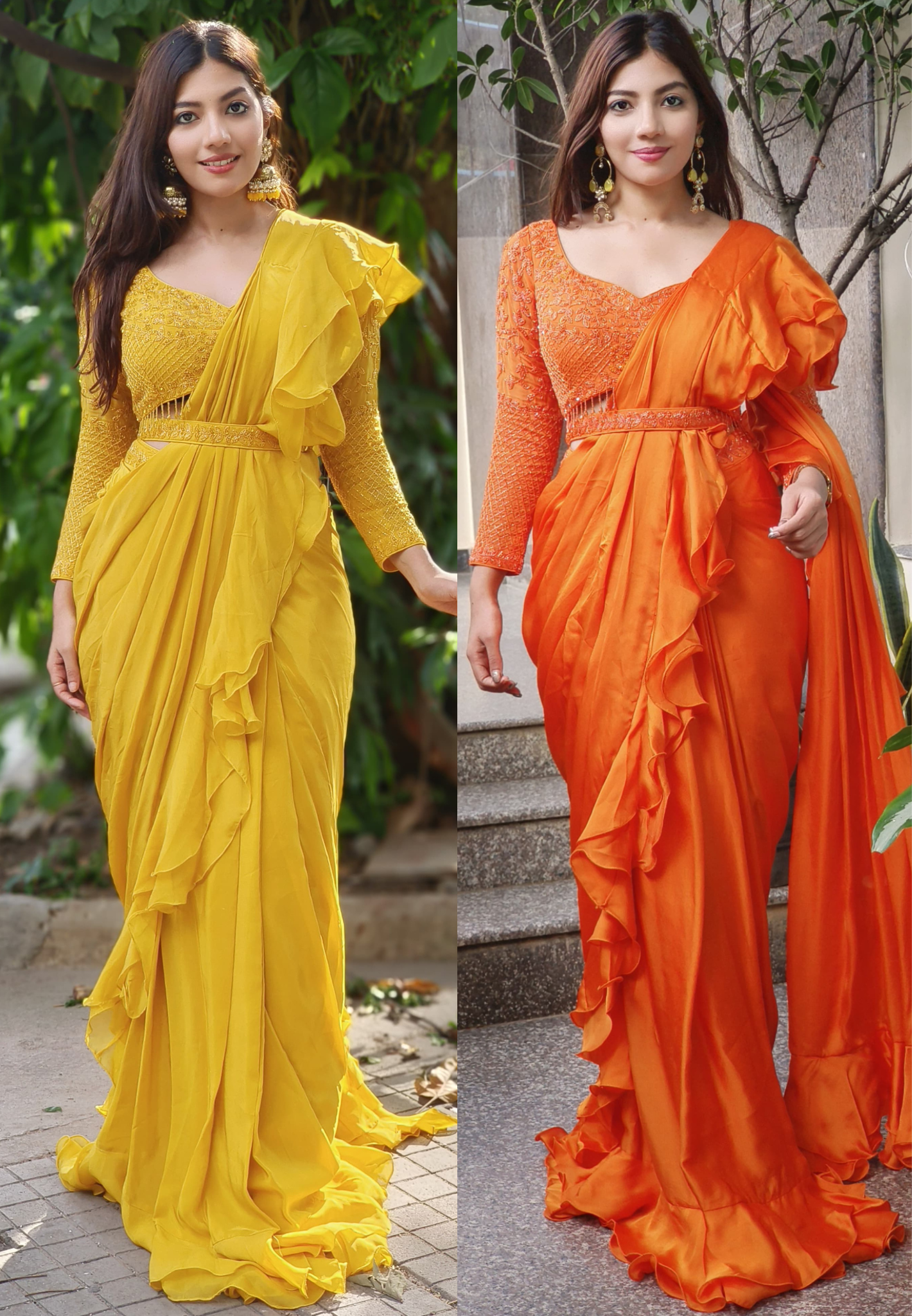 Indo Western Wear Ruffle Saree With Designer Embroidered Blouse In Satin Crepe Fabric Skirt With Belt-DRY WASH-DRY WASH-ONLY ON ORDERS DISPATCHING AFTER 30 DAYS