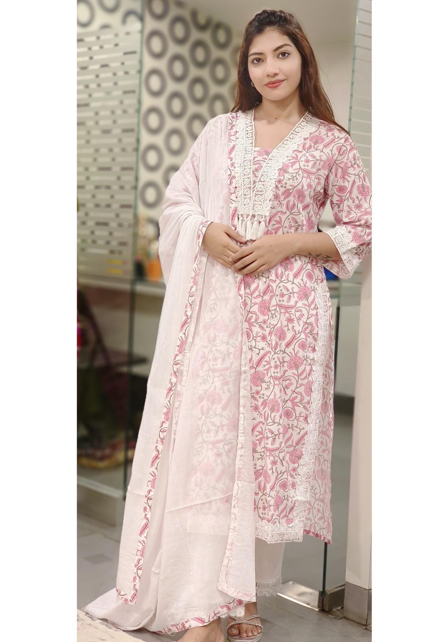 Crosia Lace Floral Printed Cotton Neck Embroidery Lace Kurta Pant and Dupatta-08245