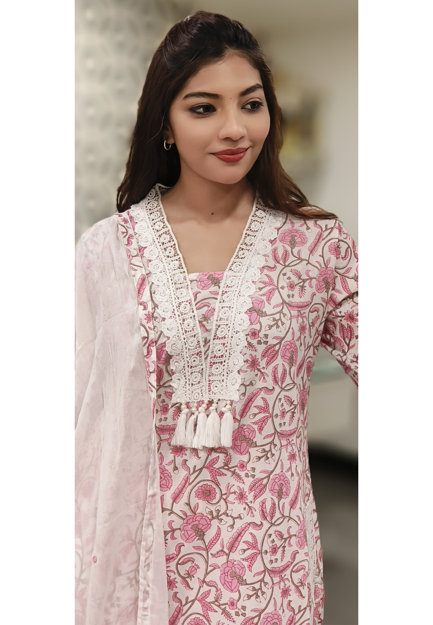 Crosia Lace Floral Printed Cotton Neck Embroidery Lace Kurta Pant and Dupatta-08245