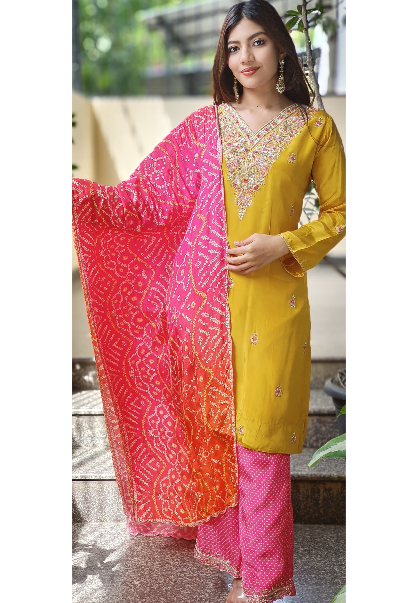 Zardosi Front Handwork Full Suit With Loose Bottom & Bandhani Dupatta In Crape Fabric- 9972
