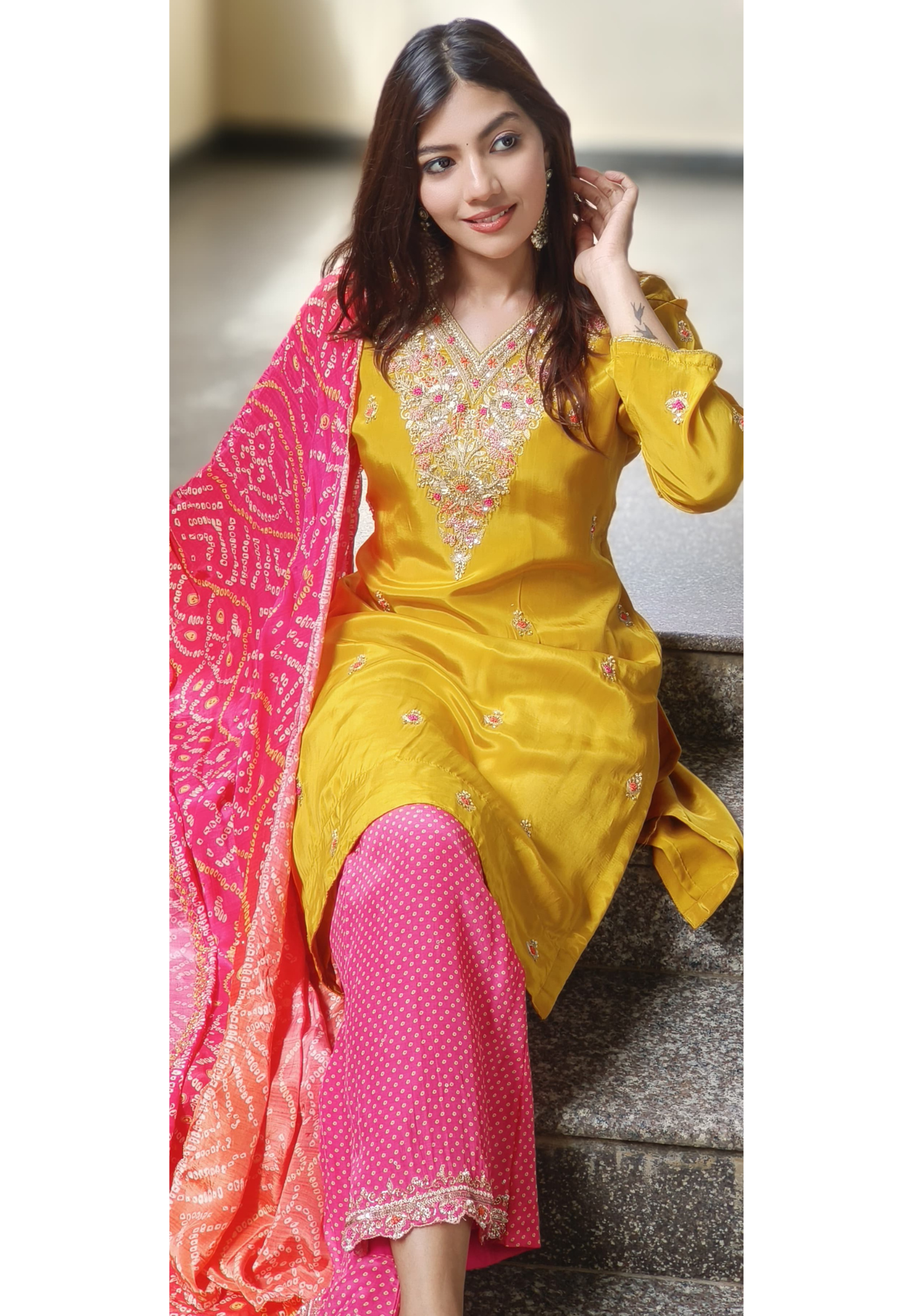 Zardosi Front Handwork Full Suit With Loose Bottom & Bandhani Dupatta In Crape Fabric- 9972
