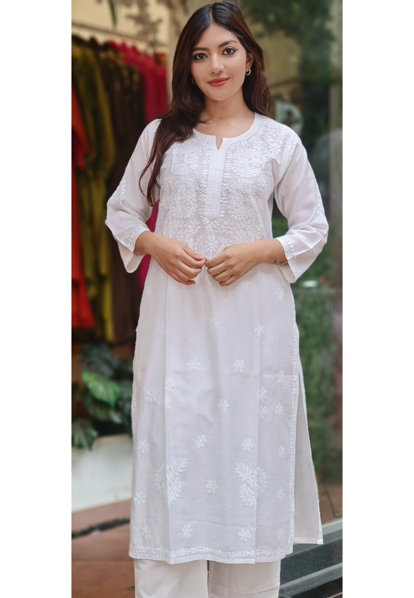 Elegant White Thread Embroidered Chikankari Kurti Only In Chanderi Fabric- 10201