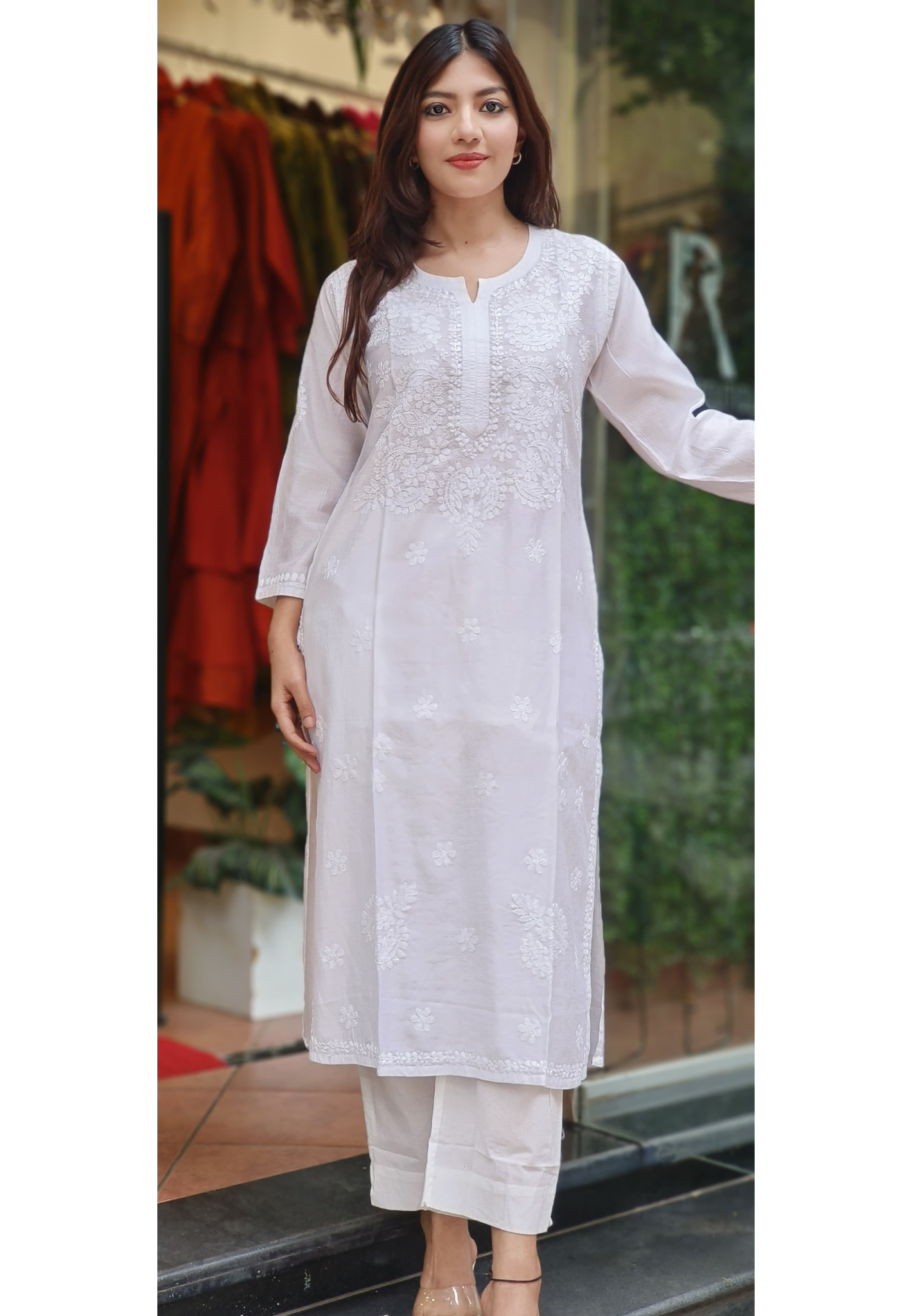 Elegant White Thread Embroidered Chikankari Kurti Only In Chanderi Fabric- 10201