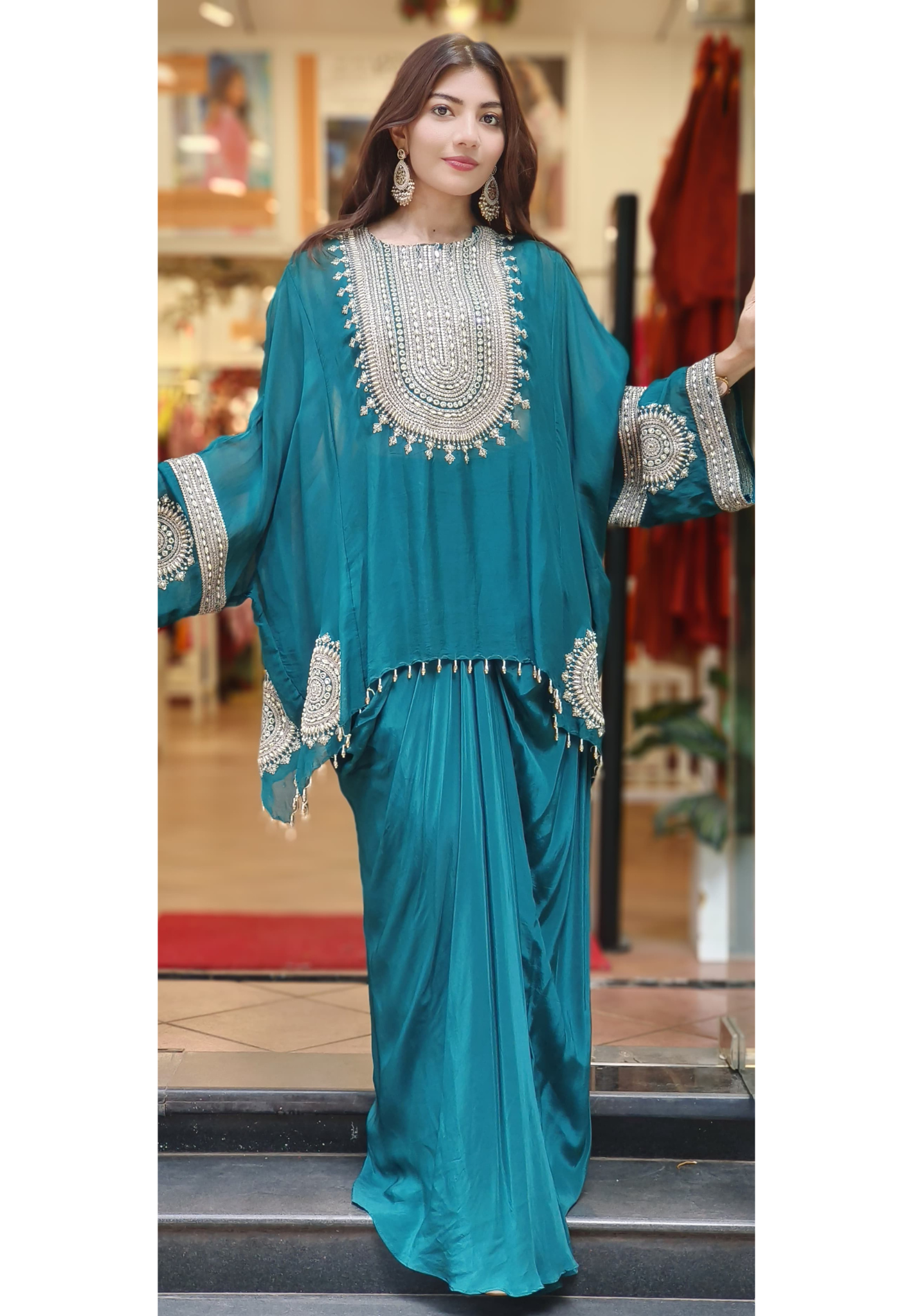 Stylish Party Wear Indo-western Dress with Padded Busters Drape Skirt And Embroidered Cape Style Top