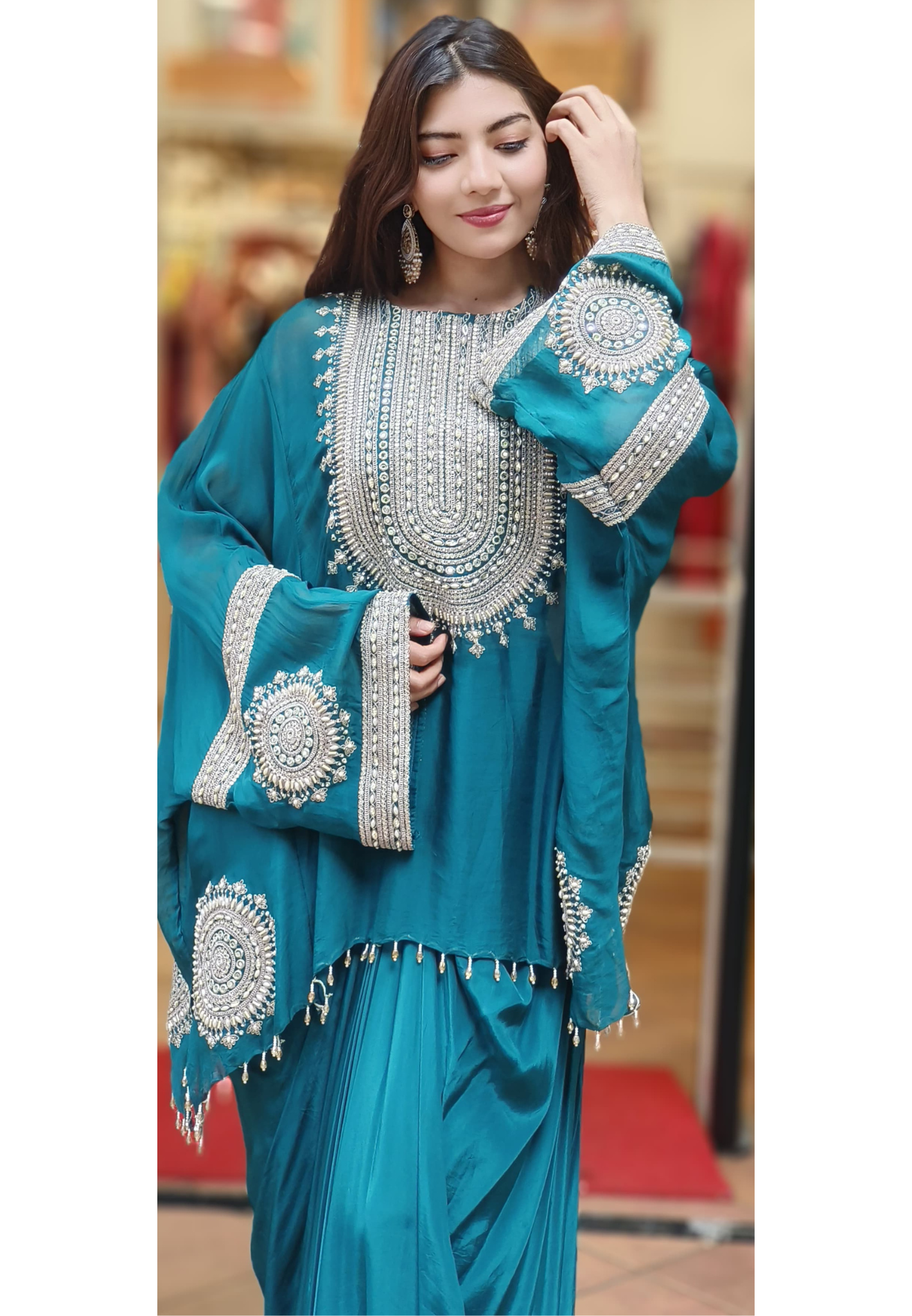 Stylish Party Wear Indo-western Dress with Padded Busters Drape Skirt And Embroidered Cape Style Top