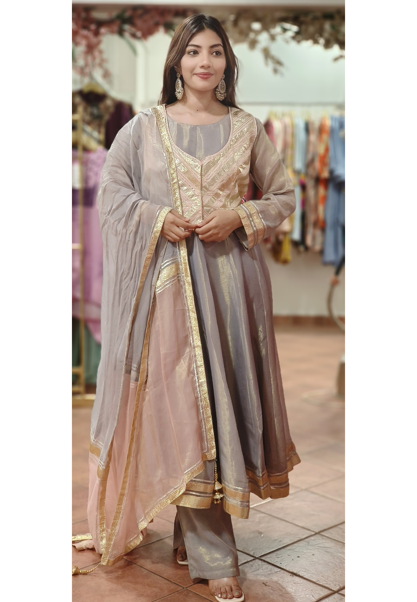 Geometric Shimmer Tissue Zari Embroidered Anarkali Set with Contrast Dupatta - Grey & Blush Pink/Gold -07366-67