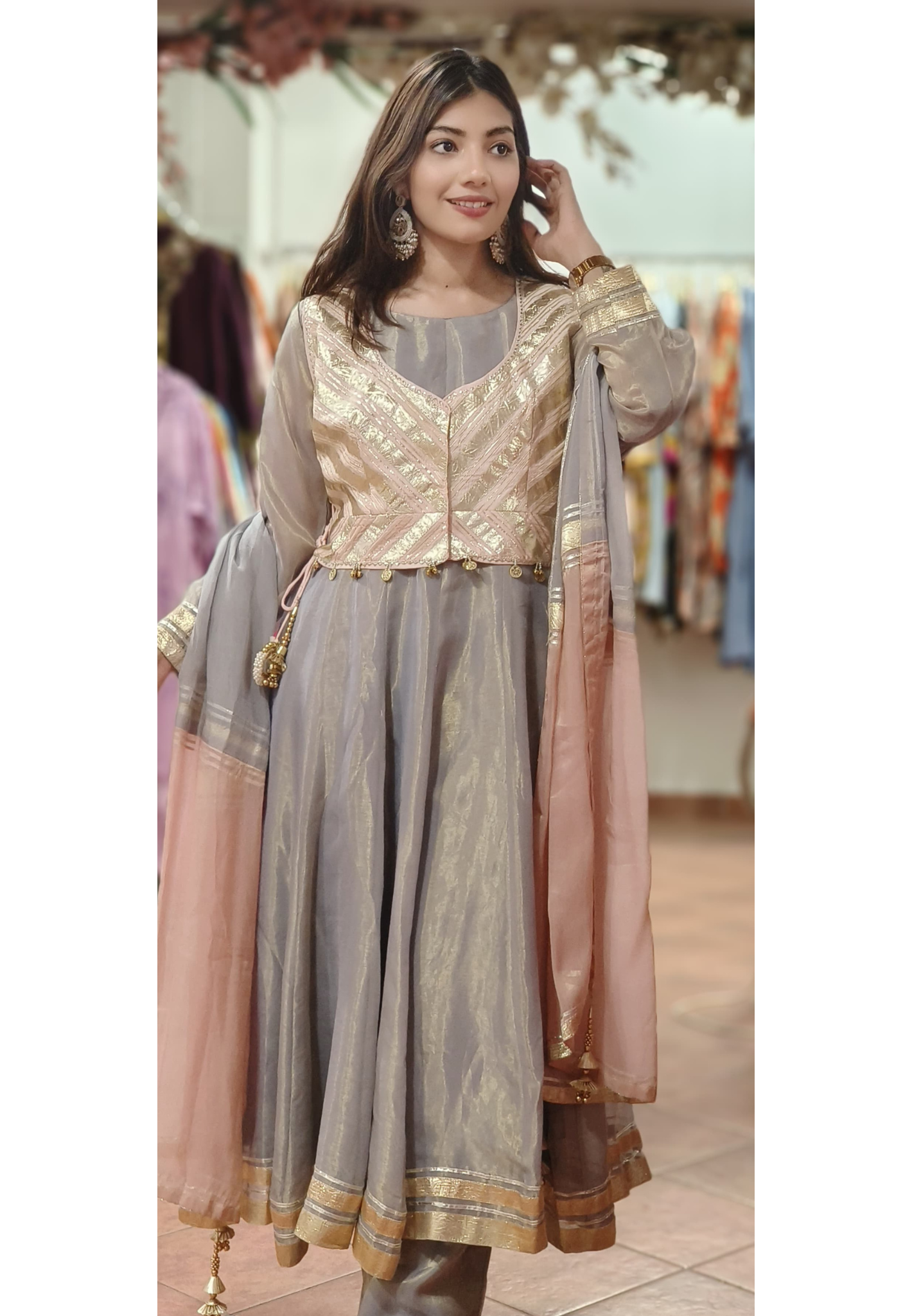 Geometric Shimmer Tissue Zari Embroidered Anarkali Set with Contrast Dupatta - Grey & Blush Pink/Gold -07366-67