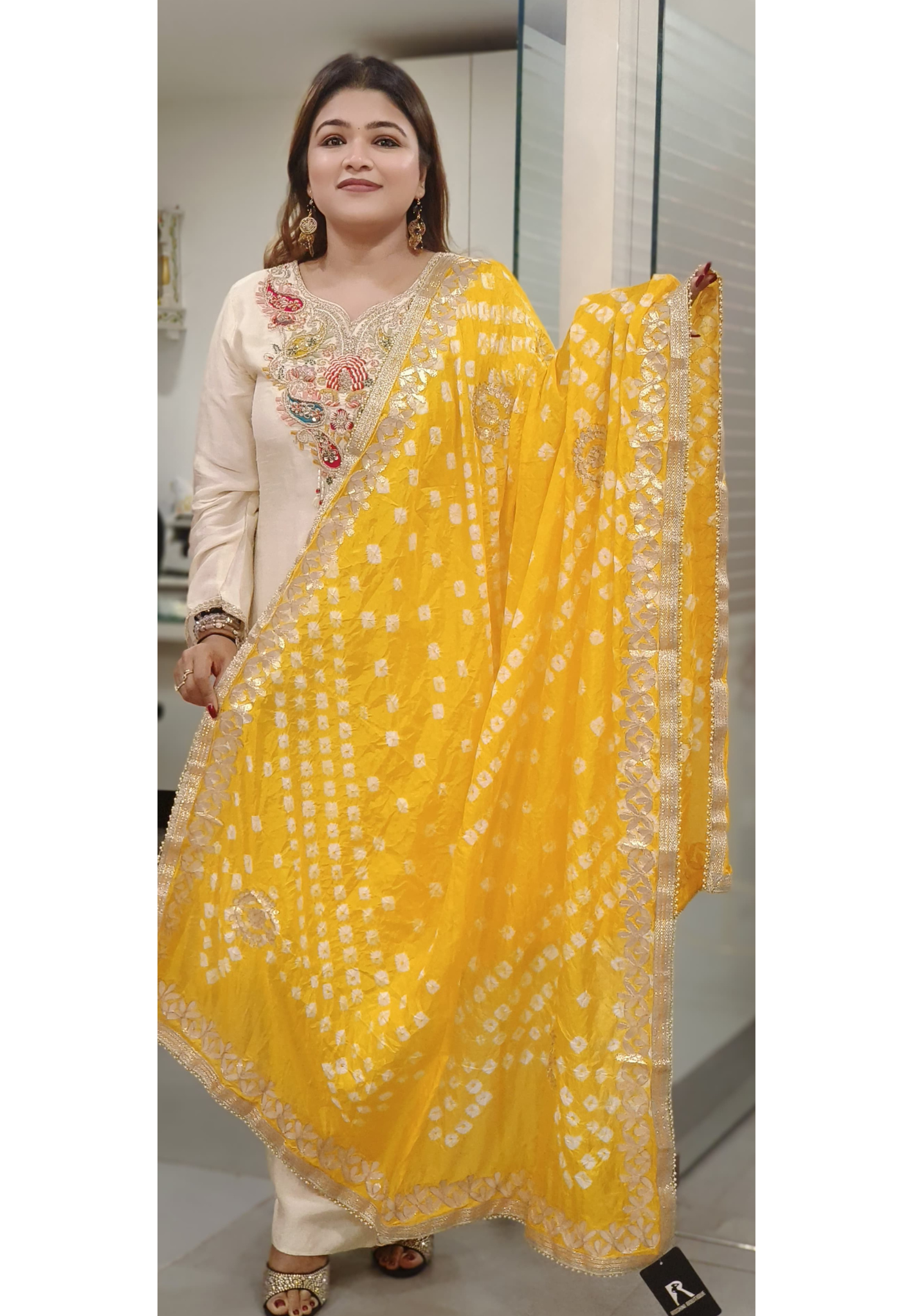 Muslin Silk Bandhani Printed Beautiful Gotta Work Border Dupatta Only Dispatching after 10 Days