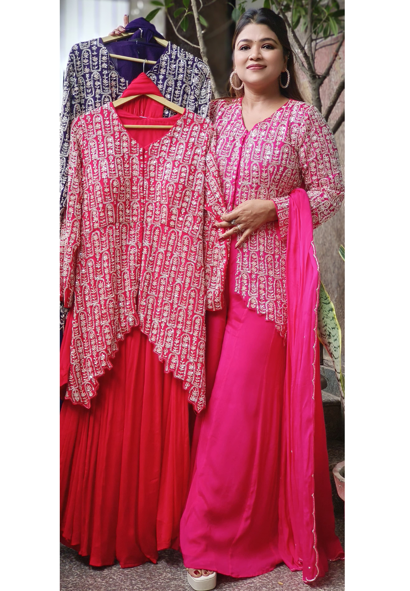 Stylish Overloaded Handwork Front V-Cut Buster Kurta With Loose Palazzo Pant & Dupatta In Chinon Fabric