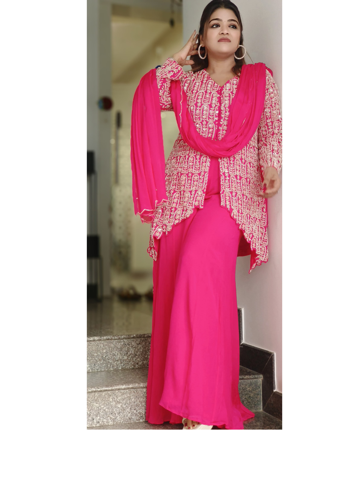 Stylish Overloaded Handwork Front V-Cut Buster Kurta With Loose Palazzo Pant & Dupatta In Chinon Fabric