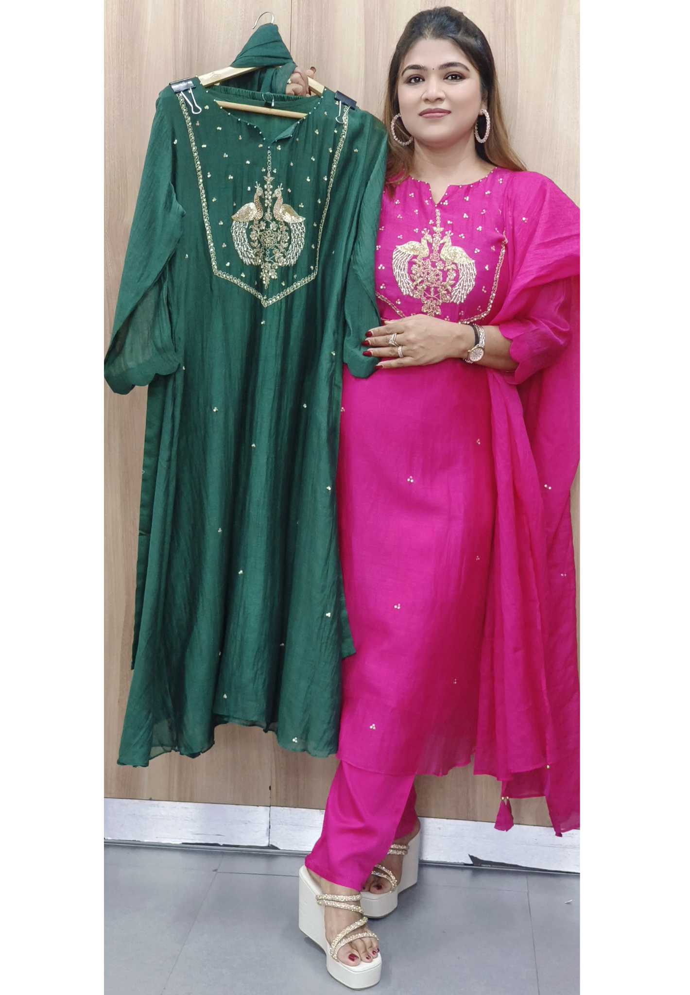 Bird Handwork A-Line Full Suit With Dupatta In Mul Chanderi Fabric- 10335