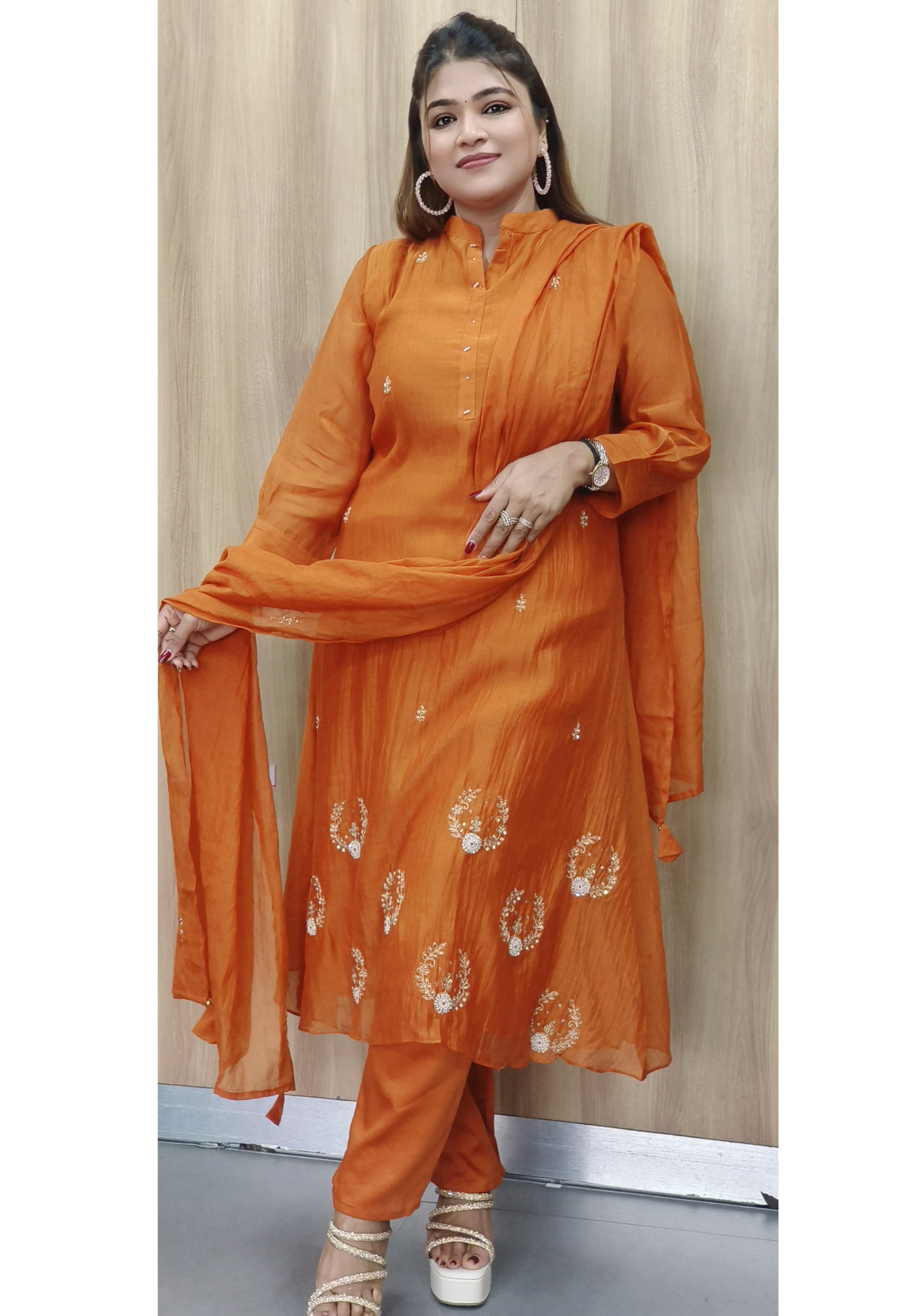 Solid Shade Minimal Handwork Mul Chanderi A-Line Full Suit Set With Dupatta