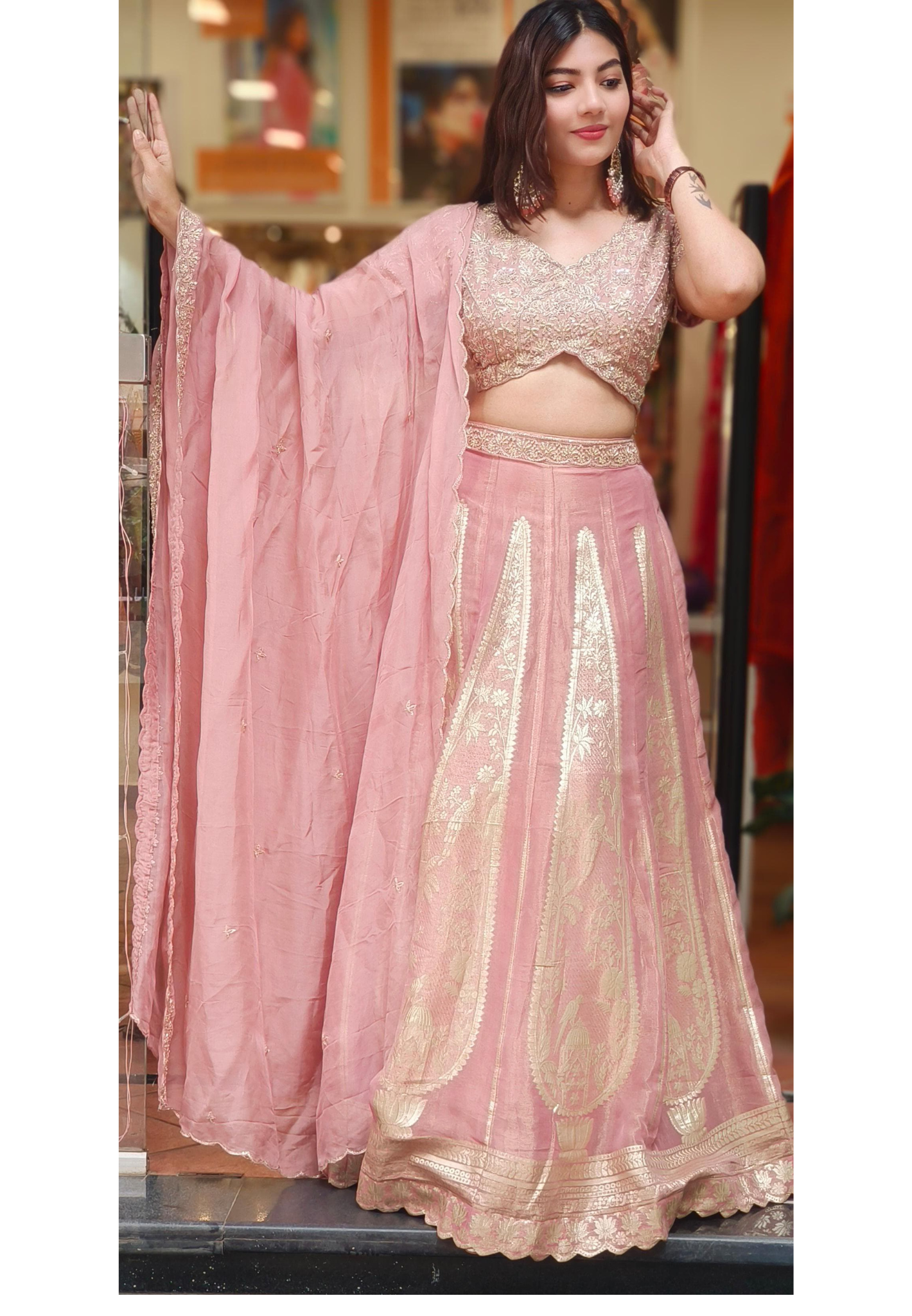 Designer Brocade Handwork Blouse With Panel Banarasi Lehenga & Organza Dupatta