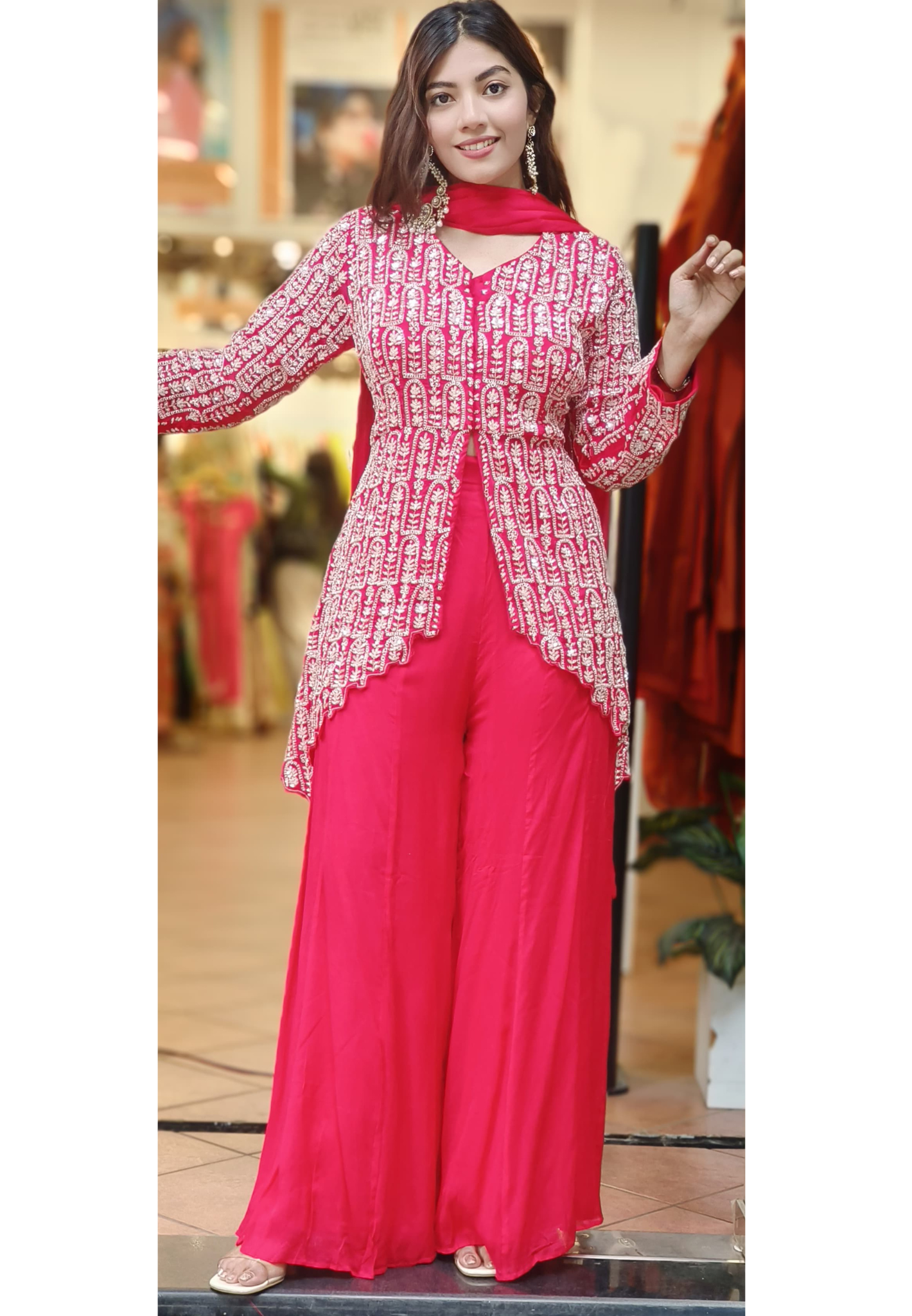 Stylish Overloaded Handwork Front V-Cut Buster Kurta With Loose Palazzo Pant & Dupatta In Chinon Fabric