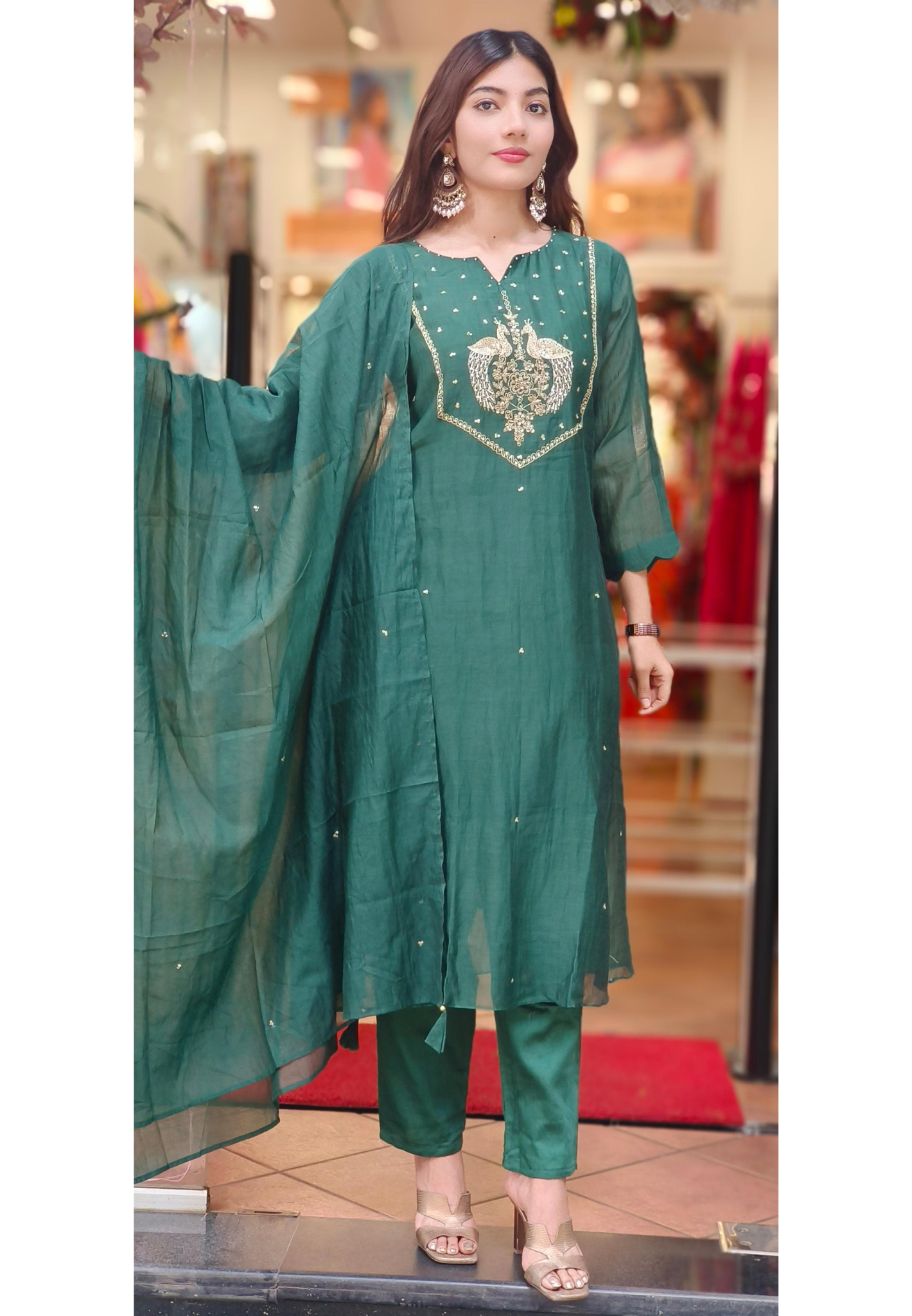 Bird Handwork A-Line Full Suit With Dupatta In Mul Chanderi Fabric- 10335