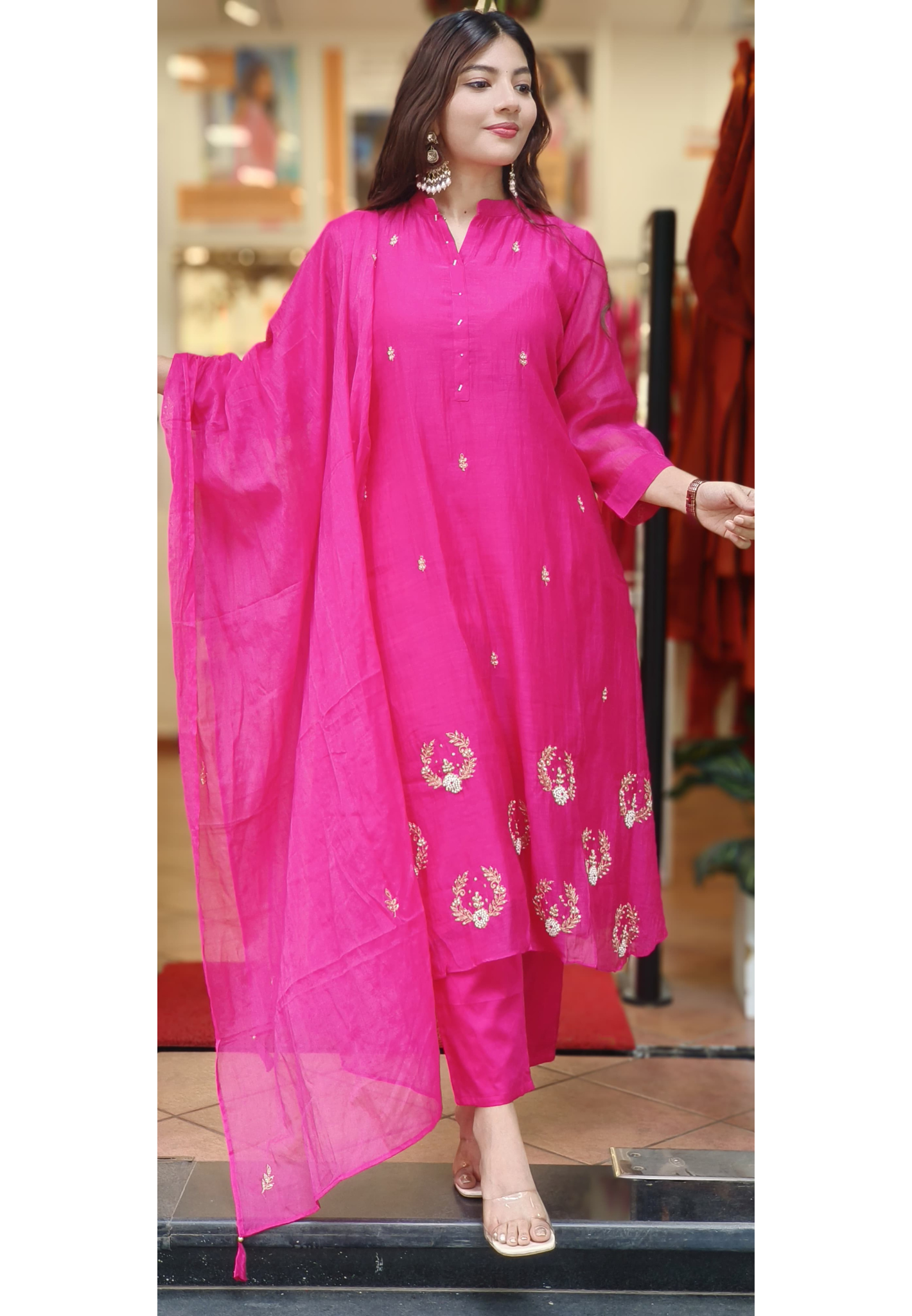 Solid Shade Minimal Handwork Mul Chanderi A-Line Full Suit Set With Dupatta