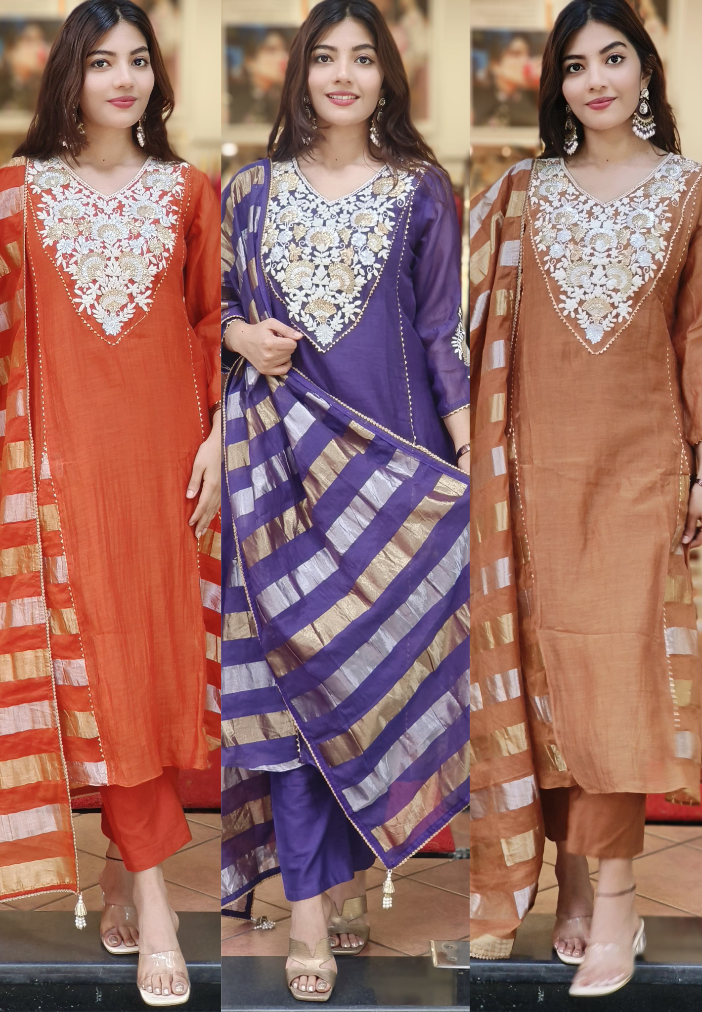 Floral Embroidery Front Work A Line Full Suit With Dupatta In Mul Chanderi Fabric- 10171