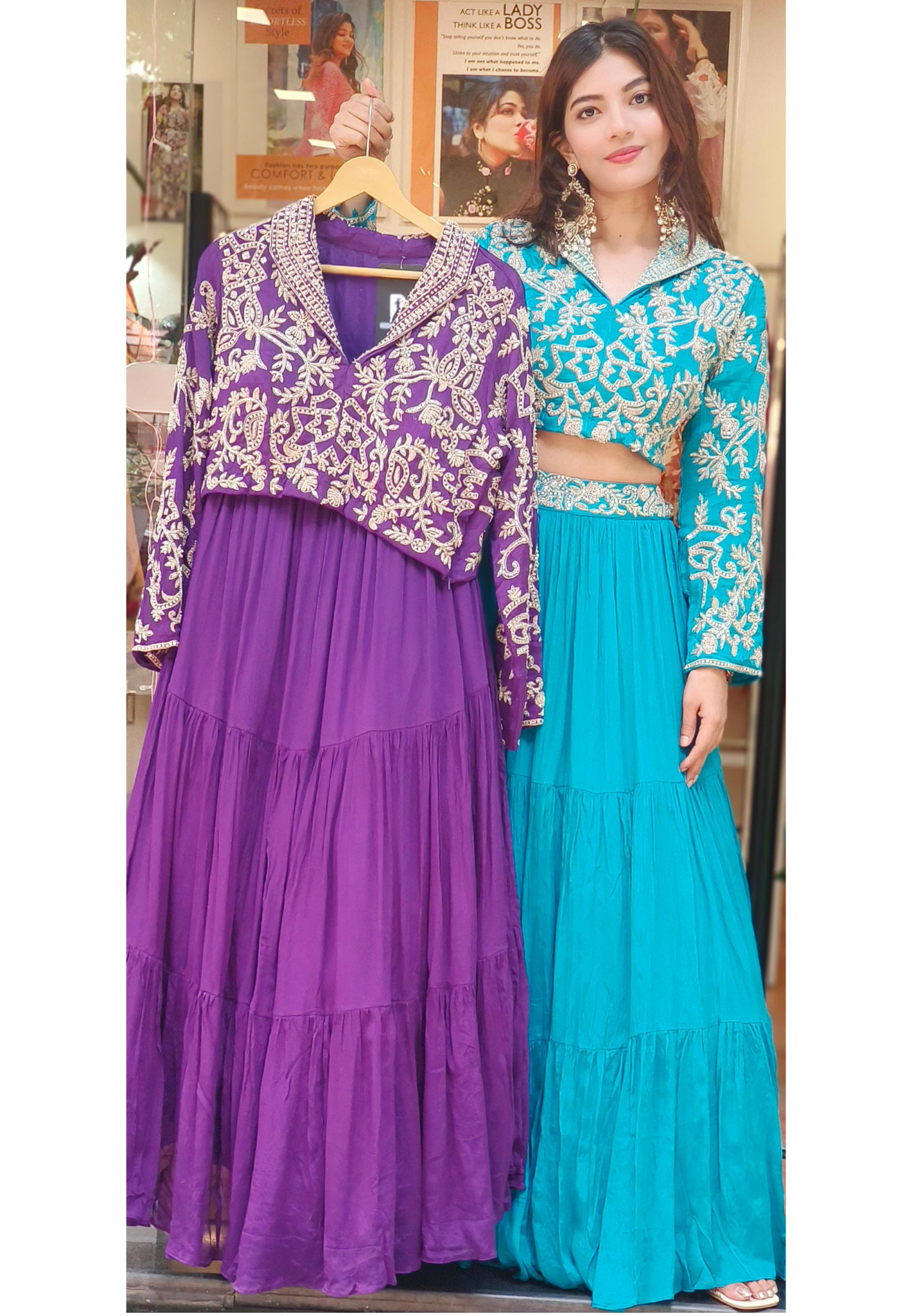 Designer Heavy Handwork Koti Collared Crop-Top With Skirt Cane-Cane Inside