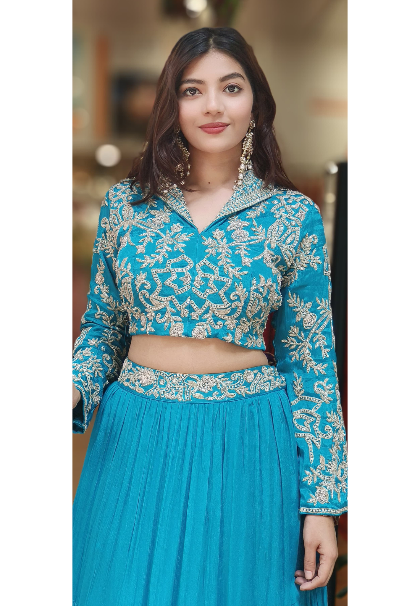 Designer Heavy Handwork Koti Collared Crop-Top With Skirt Cane-Cane Inside