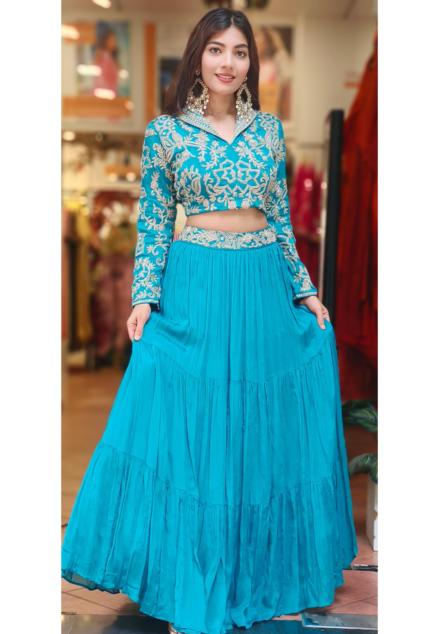 Designer Heavy Handwork Koti Collared Crop-Top With Skirt Cane-Cane Inside