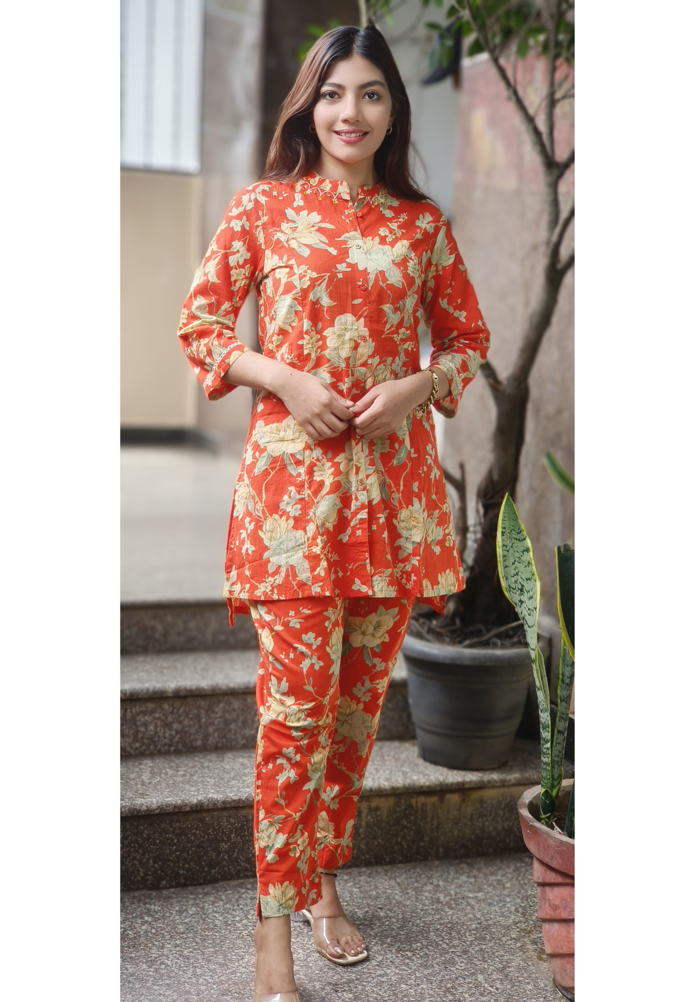 Floral Printed Cotton Co-Ord Look Kurta Pant Set(Lean Fit)