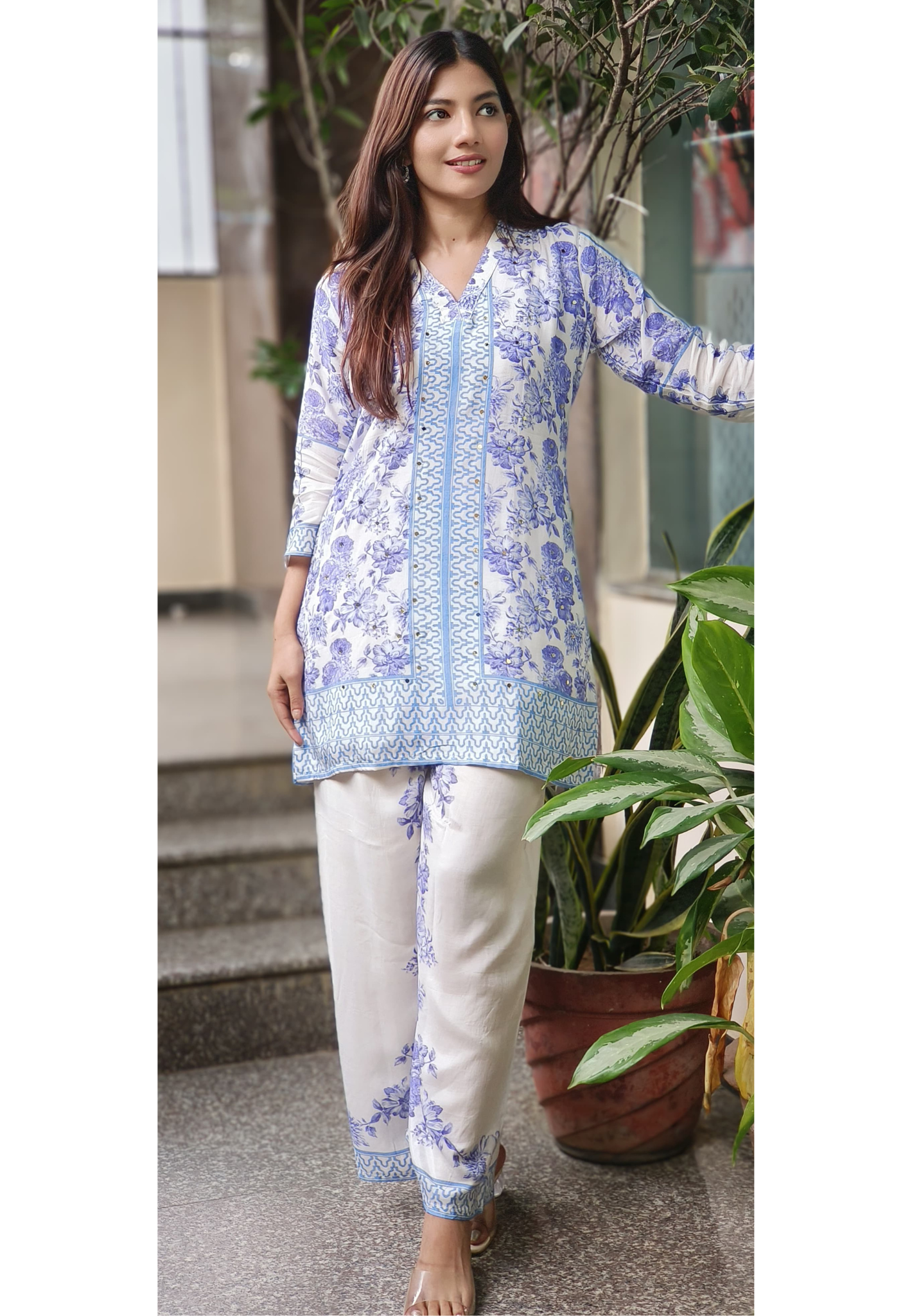 Floral Elegance Bordered Co-Ord Set In Muslin Fabric
