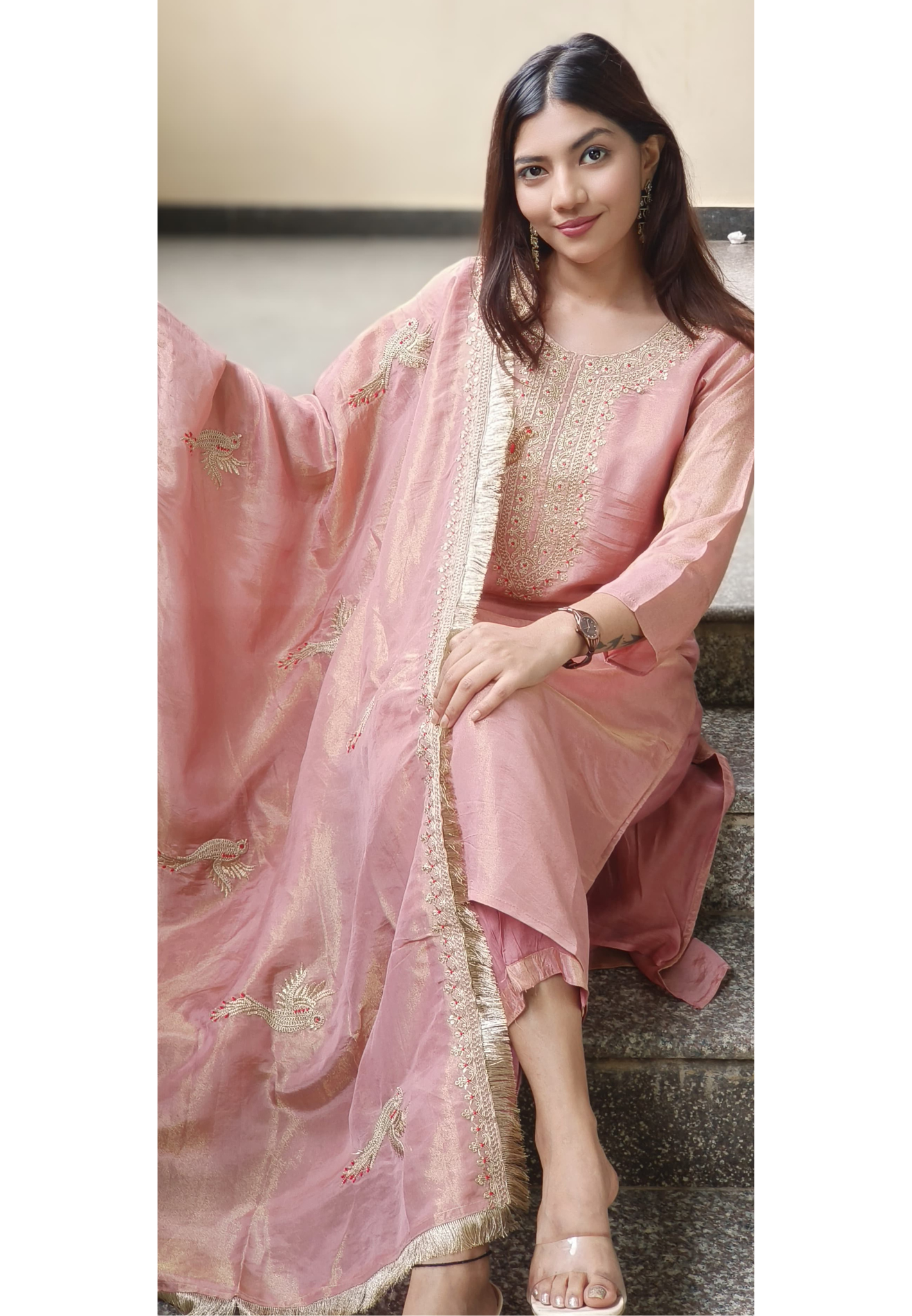 Heavy Zardosi Work Full Suit Set With Beautiful Bordered Dupatta In Tissue Fabric