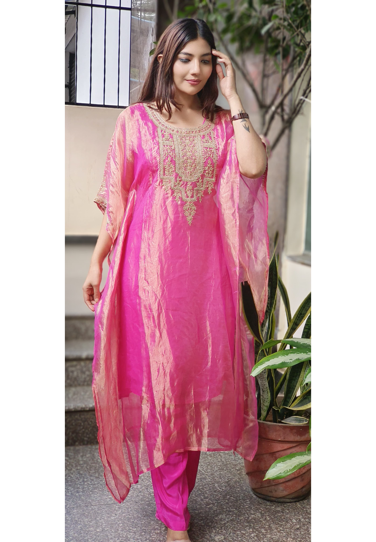Real Tissue Front Handwork Kaftan(Inner Inside) Set With Crepe Bottom