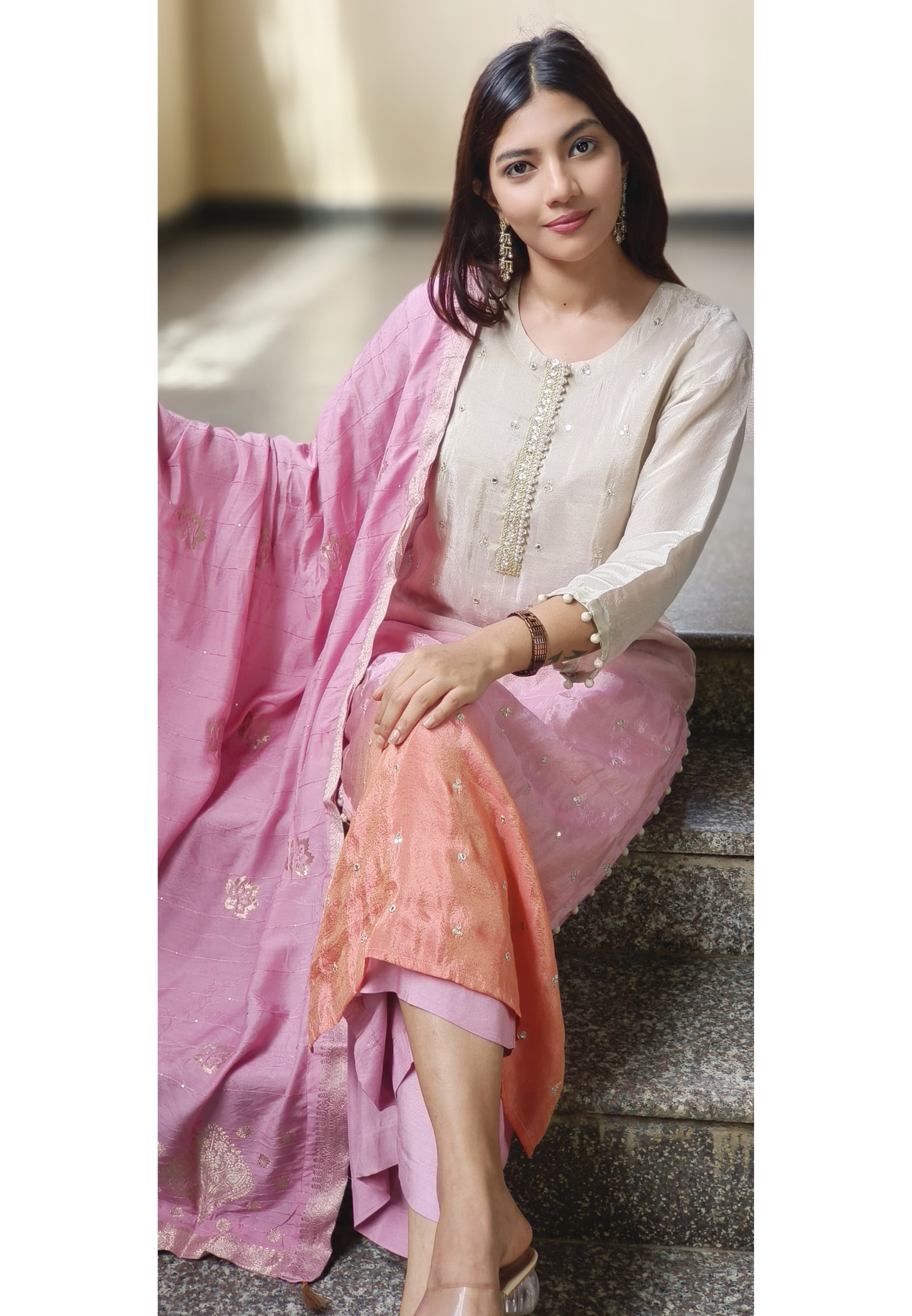 Pearl & Mirror Work Tri Color Ombre Full Suit Set In Shimmer Tissue Fabric