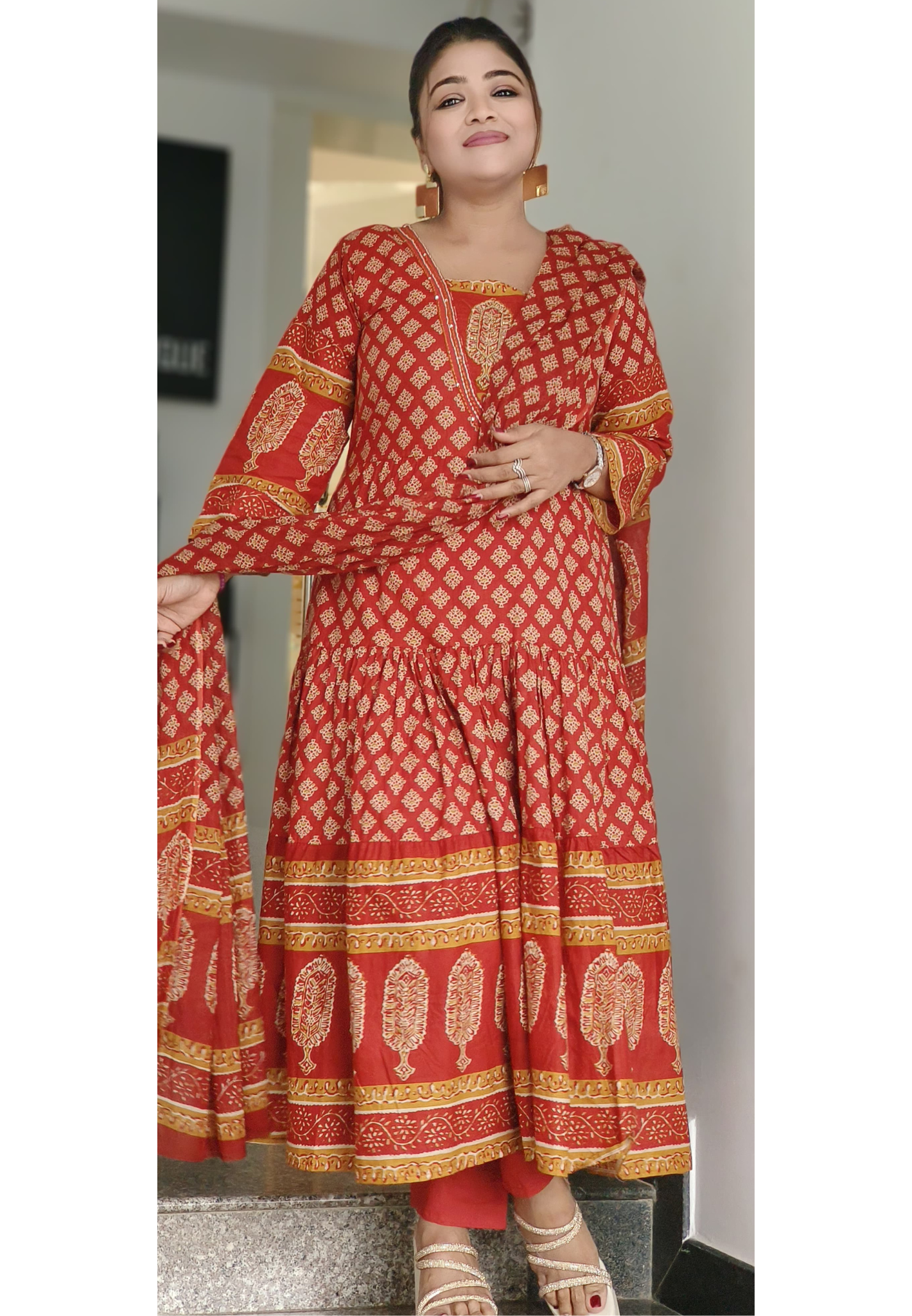 Cotton Printed Embroidered Neck Anarkali Full Suit Set With Dupatta