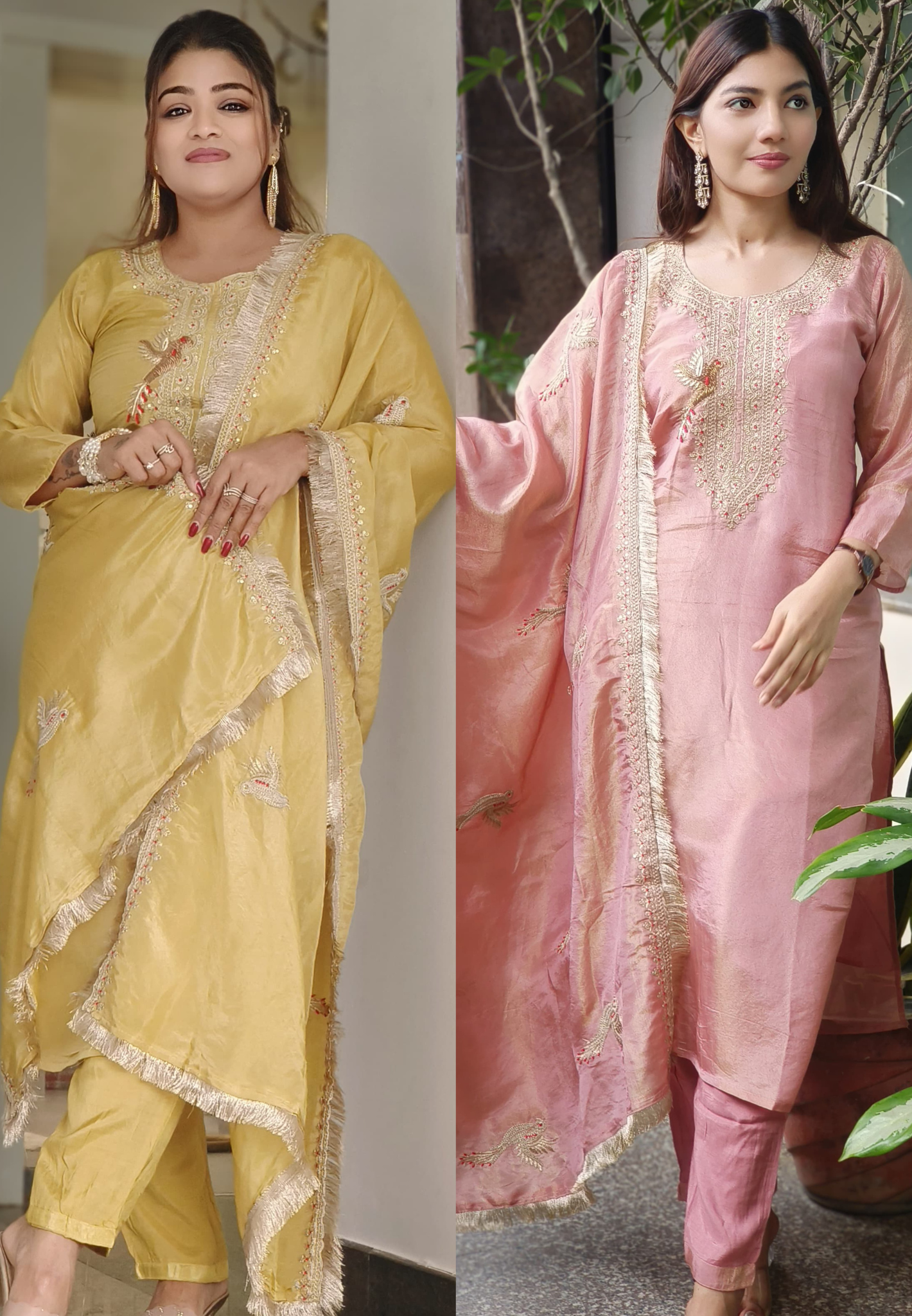 Heavy Zardosi Work Full Suit Set With Beautiful Bordered Dupatta In Tissue Fabric