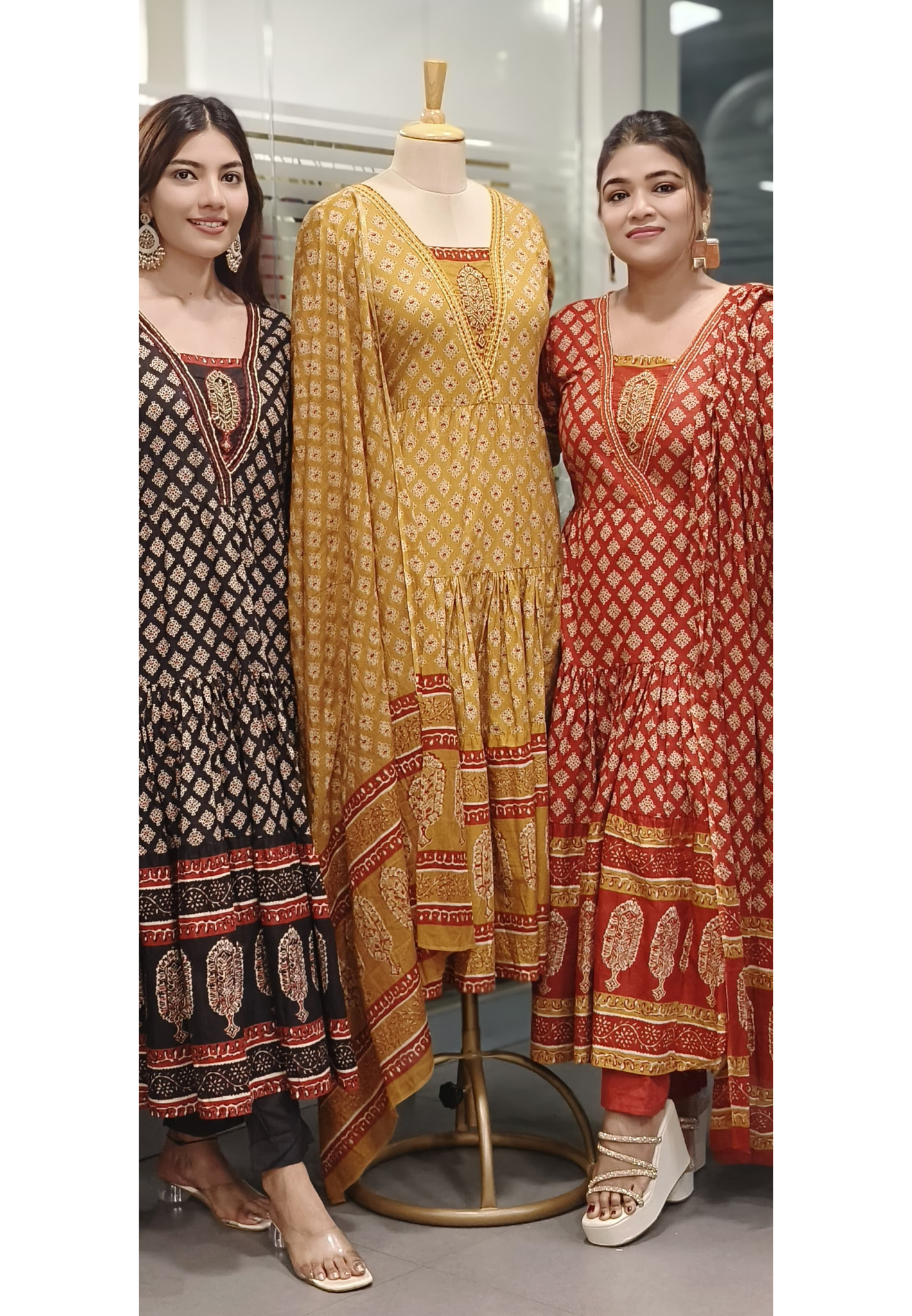 Cotton Printed Embroidered Neck Anarkali Full Suit Set With Dupatta