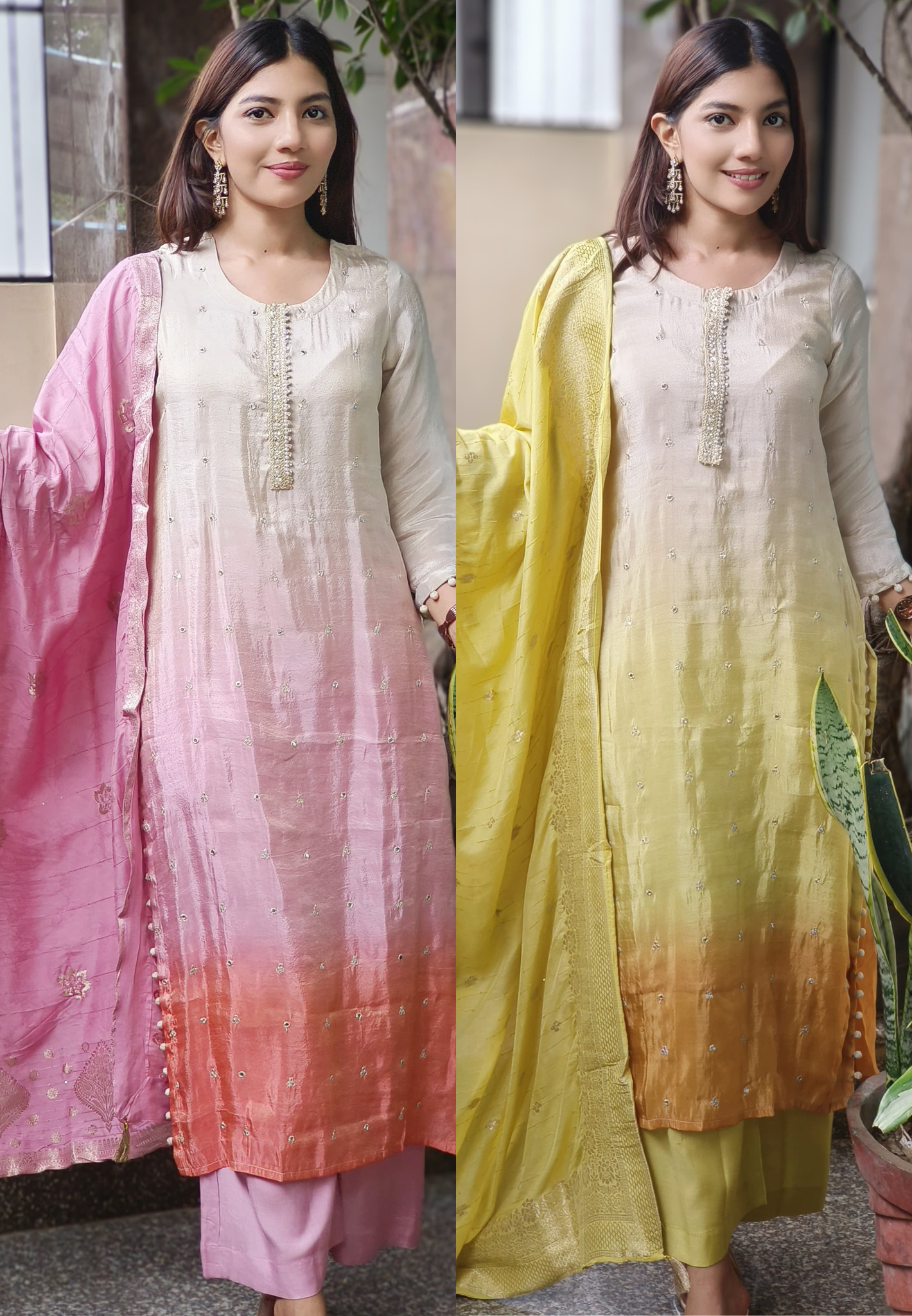 Pearl & Mirror Work Tri Color Ombre Full Suit Set In Shimmer Tissue Fabric
